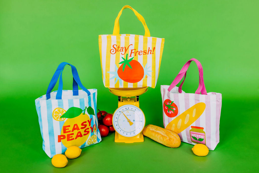 Stay Fresh collection: striped market totes around a yellow produce scale