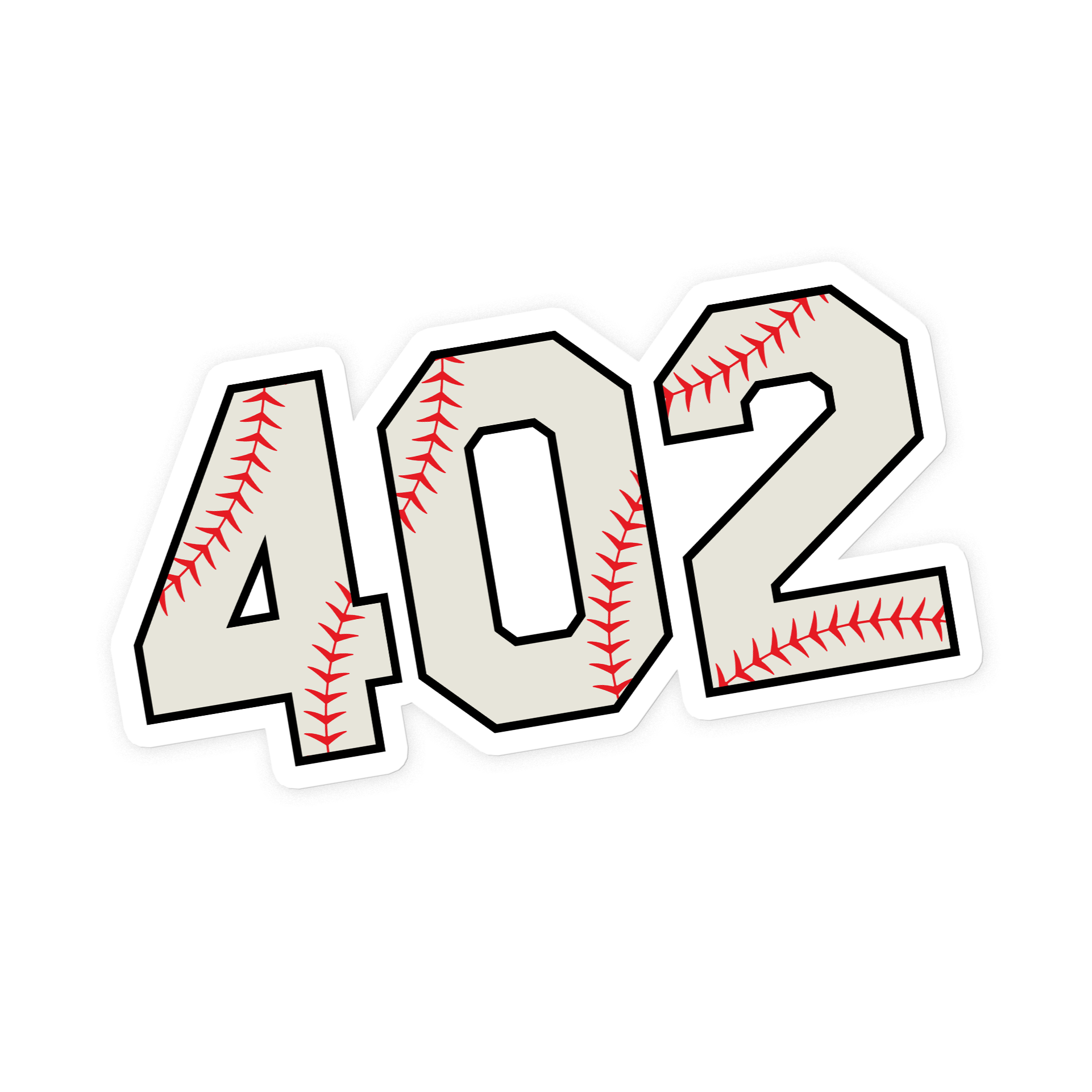402 Baseball Sticker, die cut sticker with cream 402 numbers outlined in black with red baseball stitching