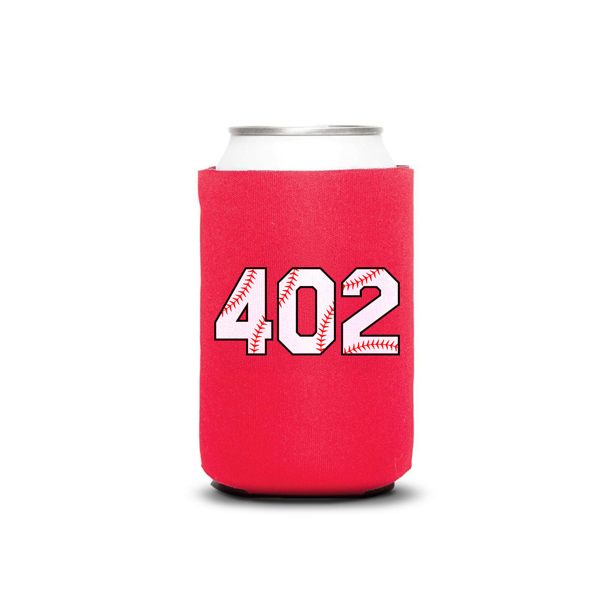 402 Baseball Koozie, red can koozie with white 402 numbers stitched like baseballs on a white can