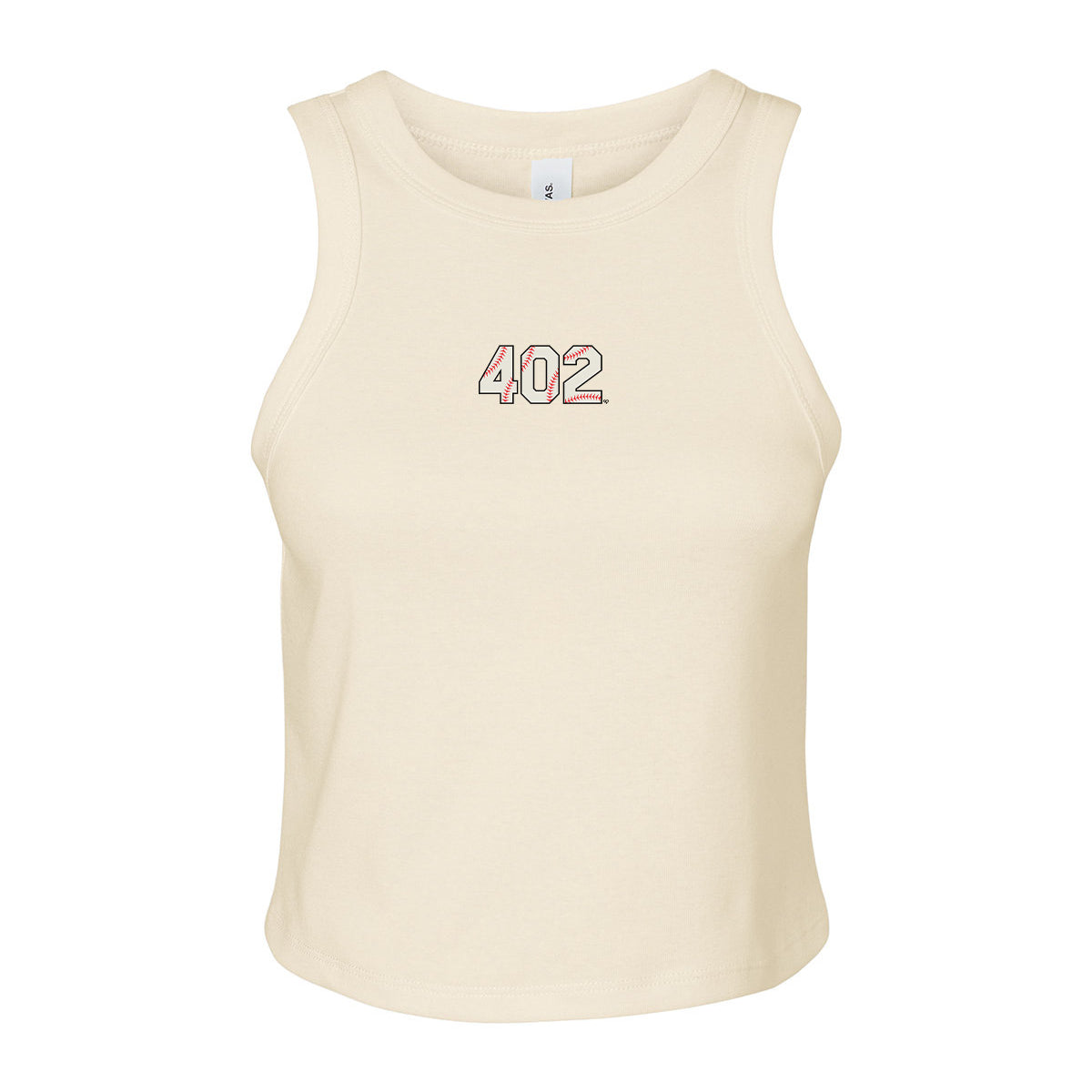 402 Baseball Ribbed Tank, cream cropped ribbed tank with small outlined 402 numbers with red baseball stitching
