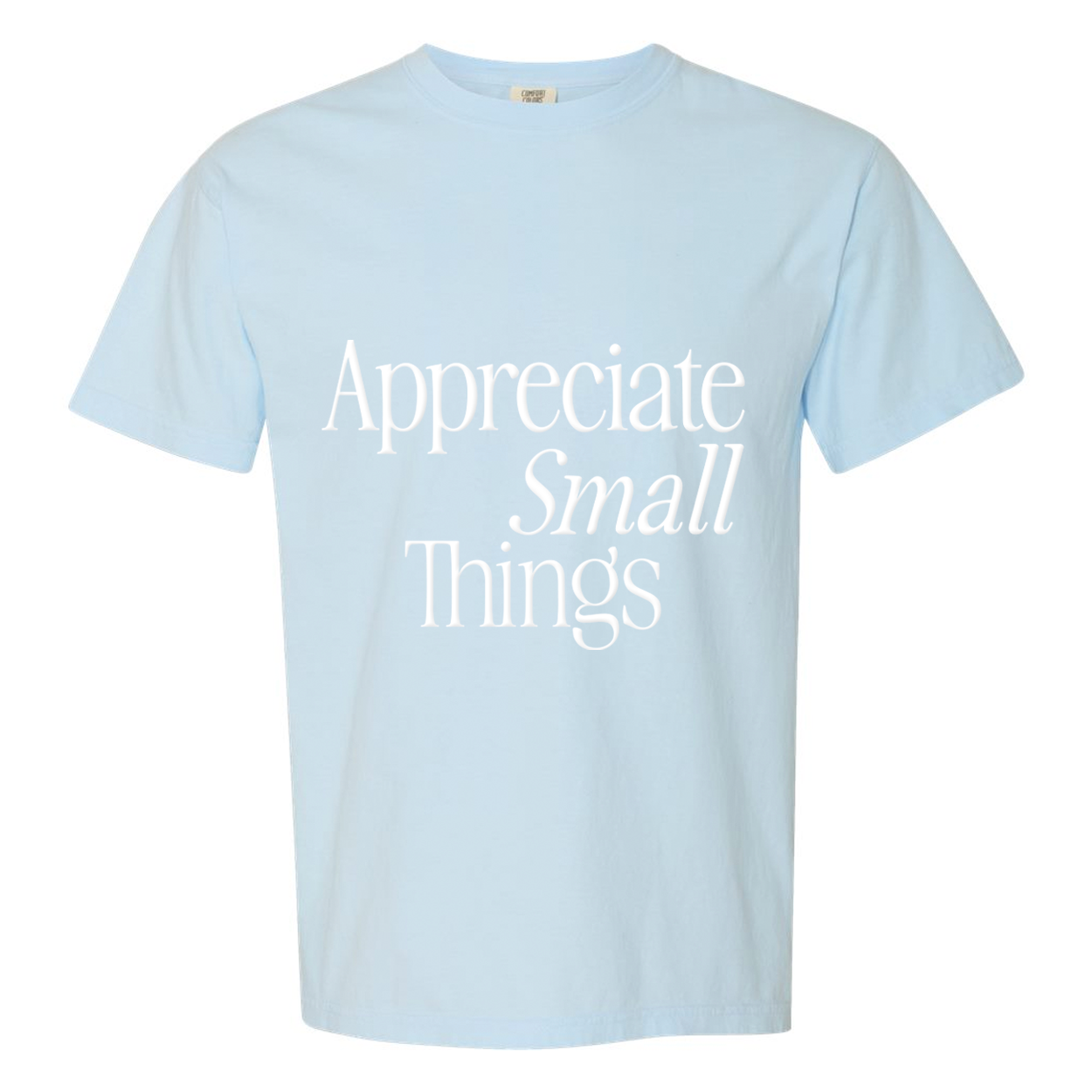 Appreciate Small Things Tee in light blue with white serif Appreciate Small Things text, flat product mockup