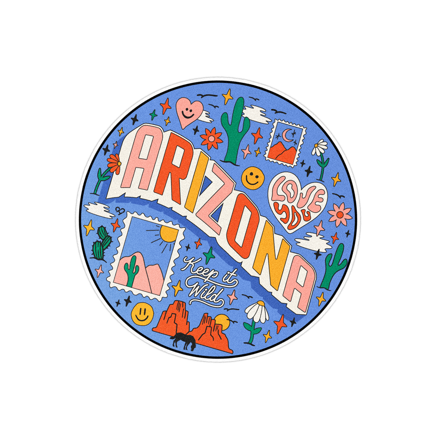 Arizona Love Letter Sticker, round blue sticker with ARIZONA lettering, cacti, suns and red rocks