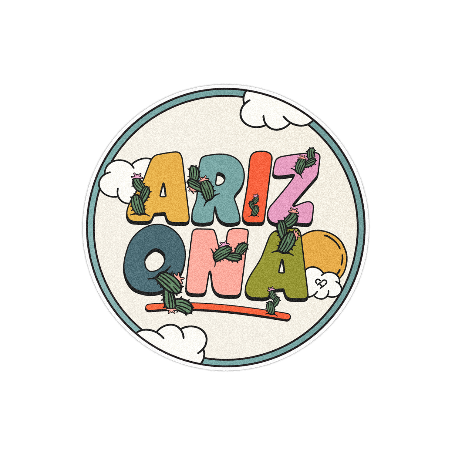 Arizona Cactus Sticker, round cream sticker with colorful ARIZONA letters sprouting little cacti