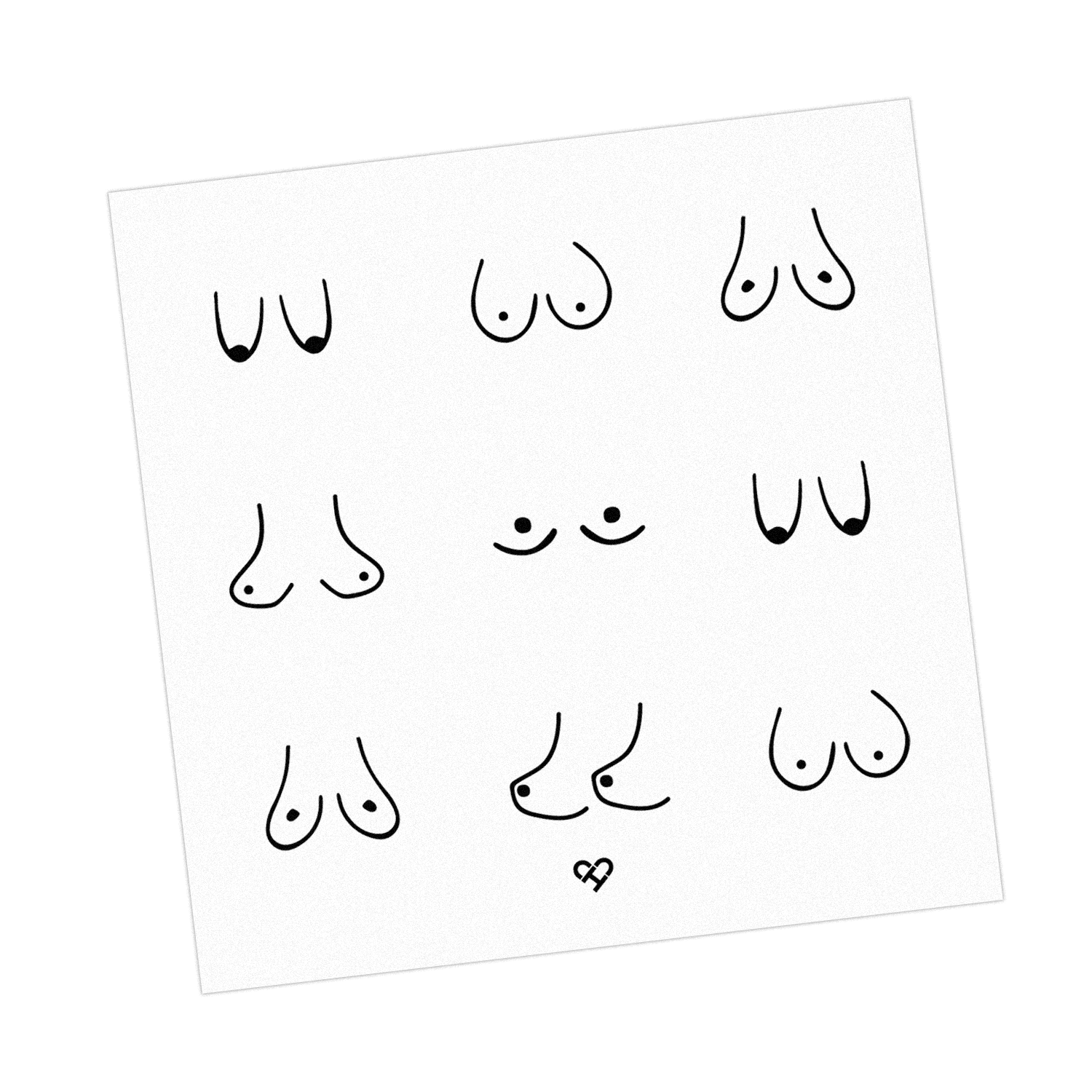 Boobs Sticker, white square with a grid of nine minimalist black line drawings of breasts