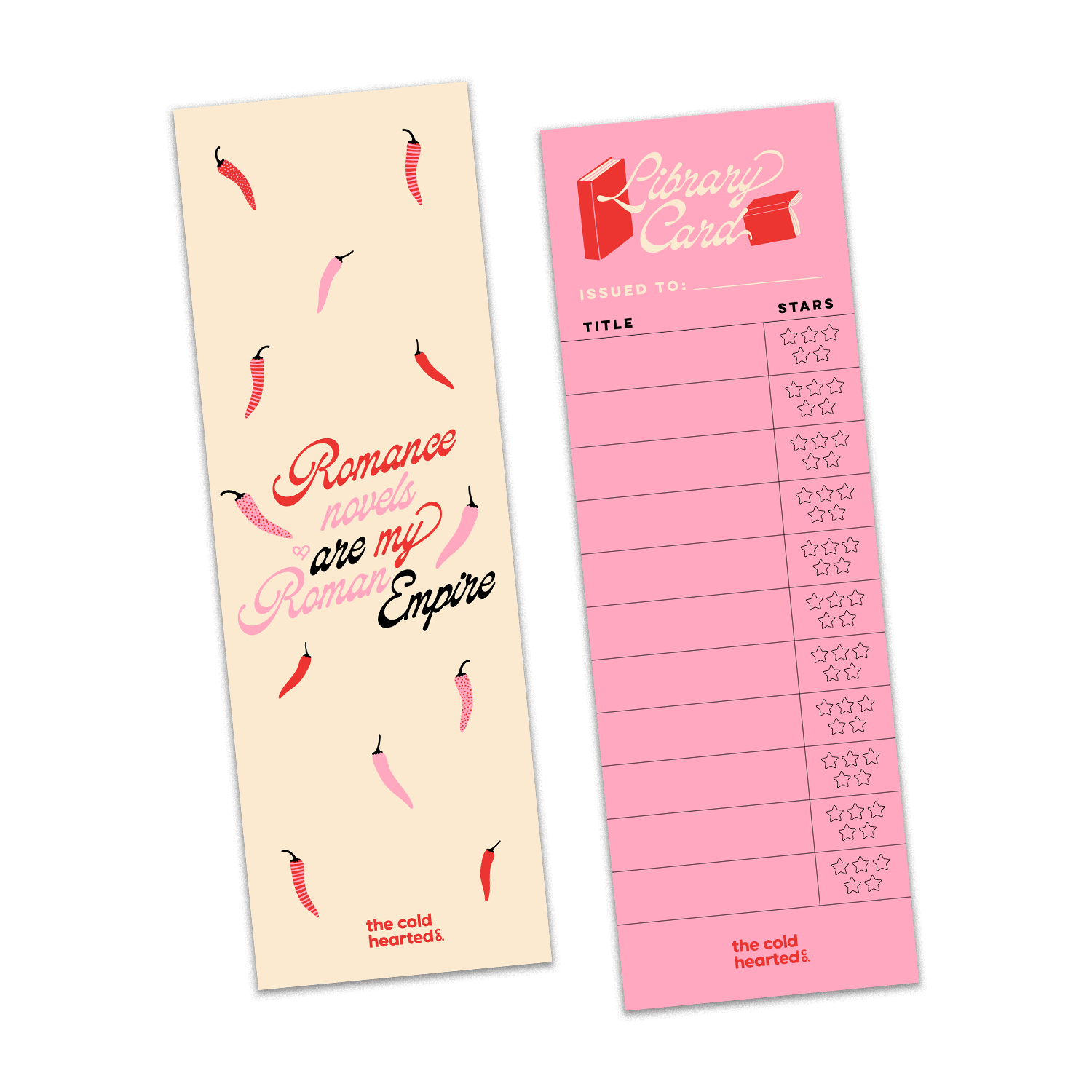 Bookmark Set, cream Romance novels are my Roman Empire bookmark and pink Library Card bookmark with title and star rows
