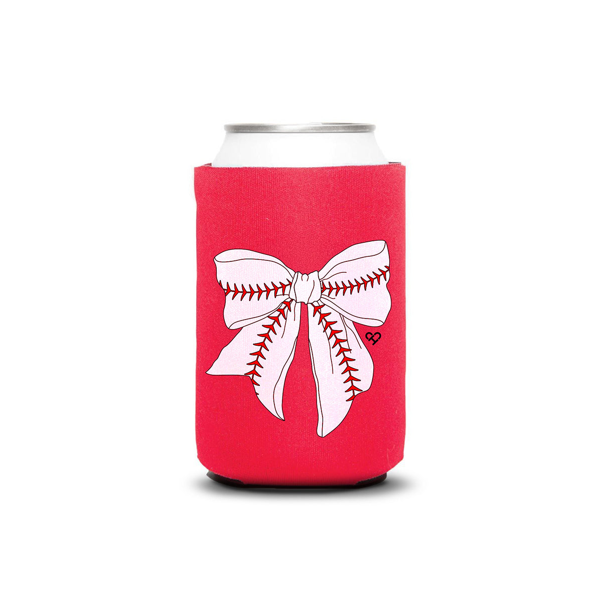 Baseball Bow Koozie, red can koozie with a white ribbon bow graphic stitched with red baseball seams
