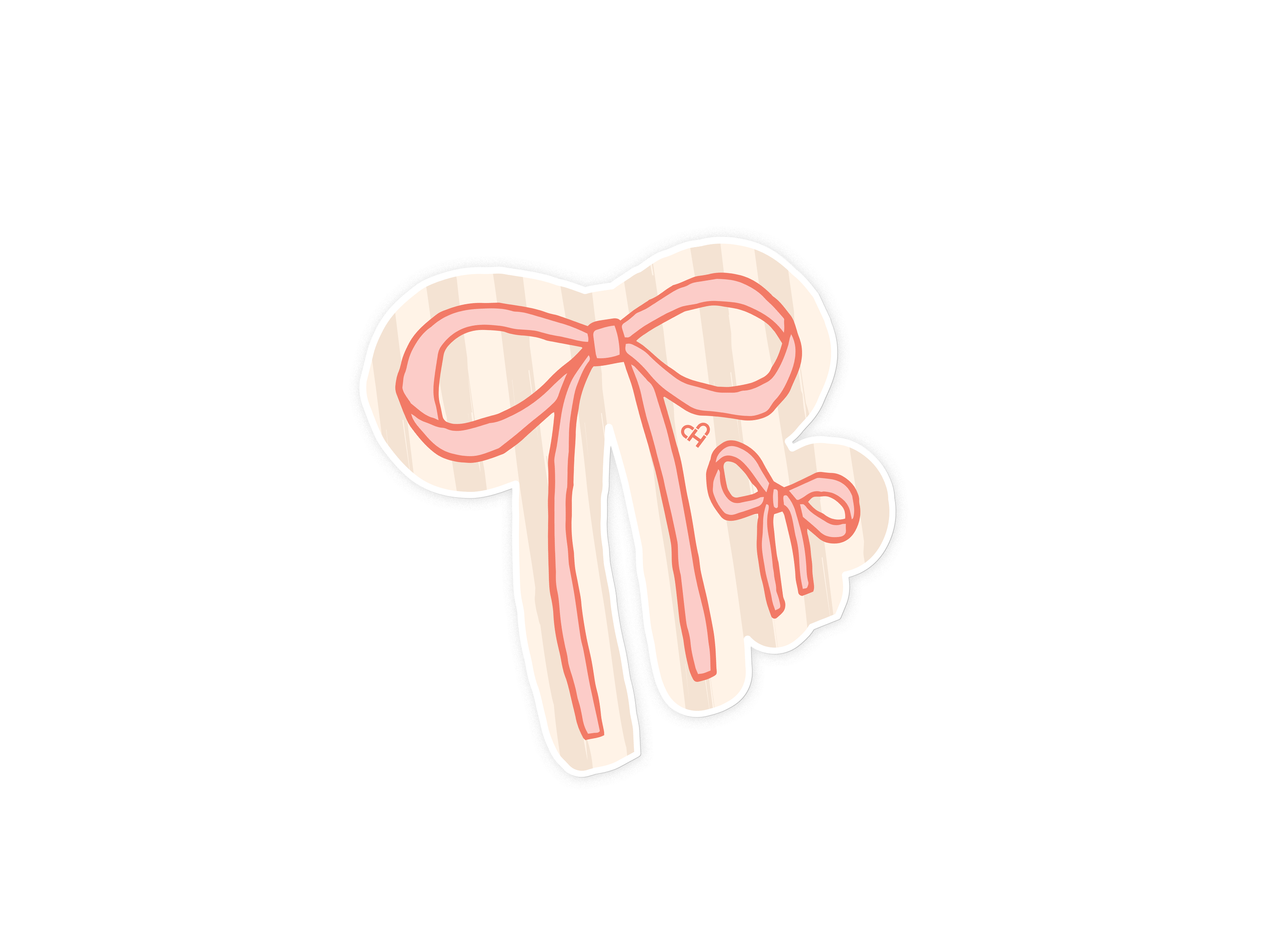 Bow Sticker, die cut sticker with two pink ribbon bows on a peach and cream striped background