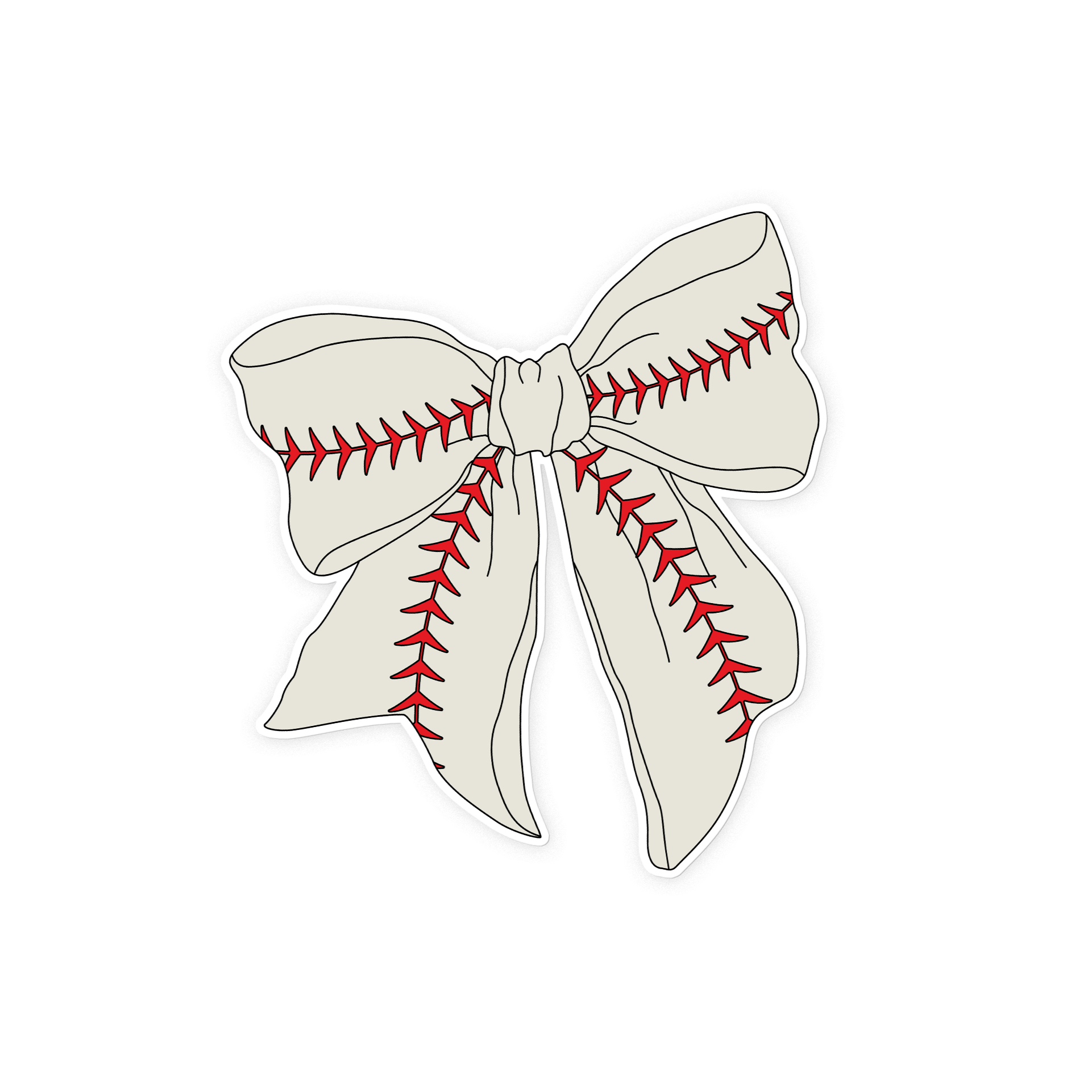 Baseball Bow Sticker, die cut sticker of a cream ribbon bow with red baseball stitching on a white background