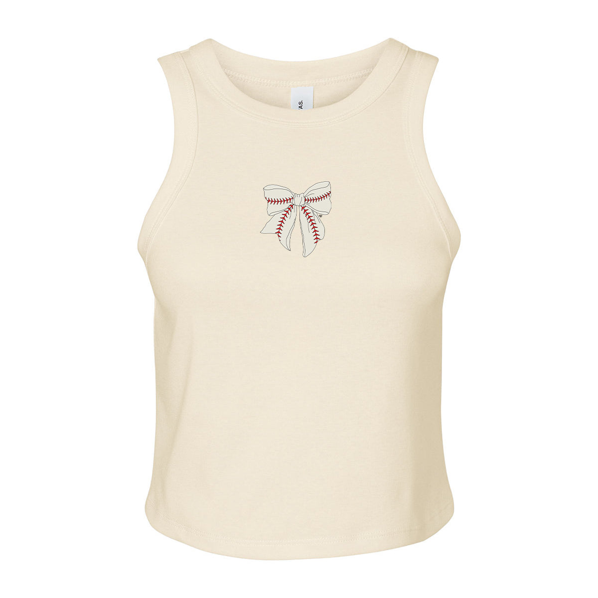 Baseball Bow Ribbed Tank, cream cropped ribbed tank with a small white bow graphic with red baseball stitching