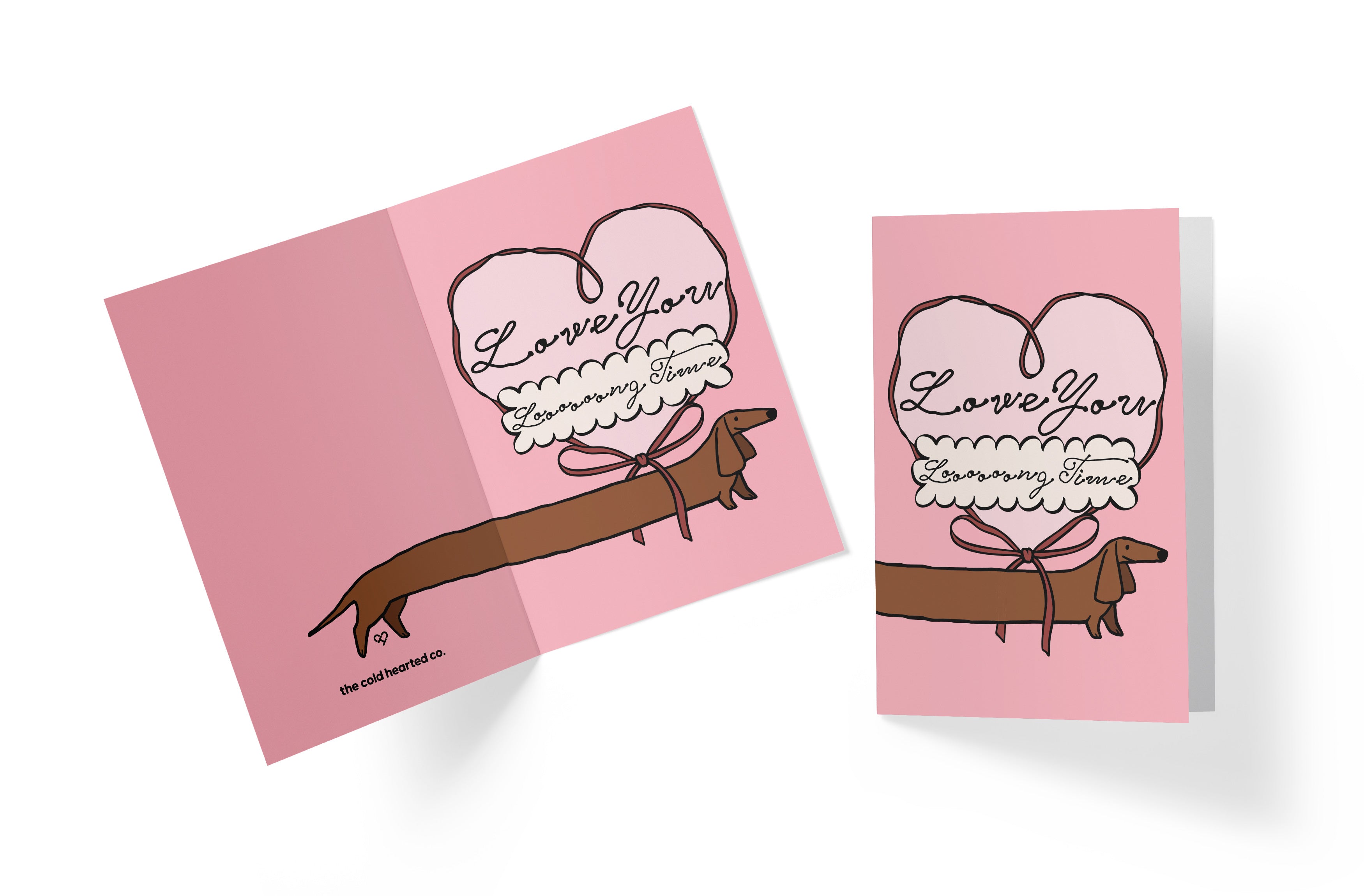 Love You Long Time Dachshund Card, pink folded greeting cards with a long dachshund under a heart reading Love You Long Time
