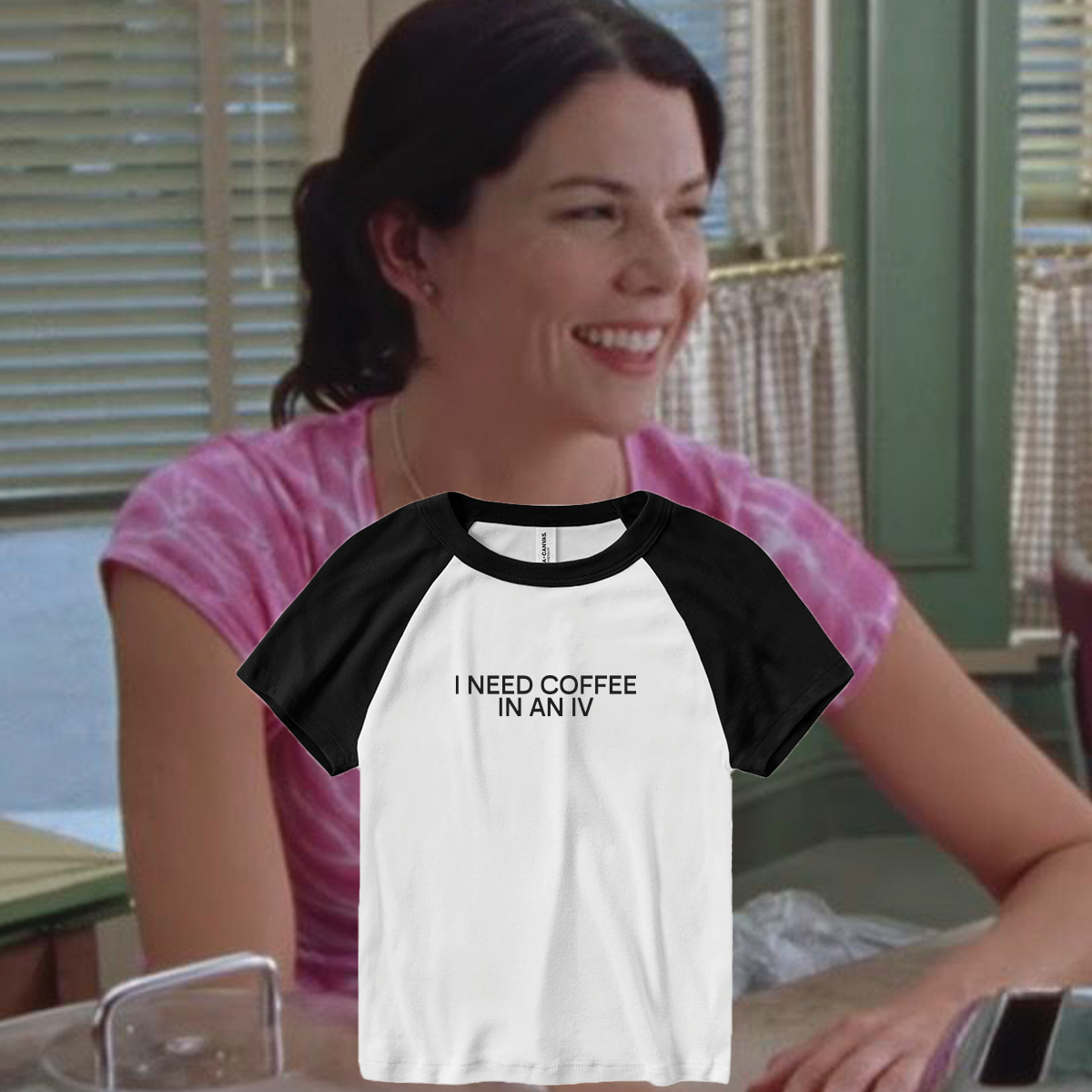 I Need Coffee in an IV Ribbed Tee mockup, white and black raglan tee over a still of a smiling woman in a diner