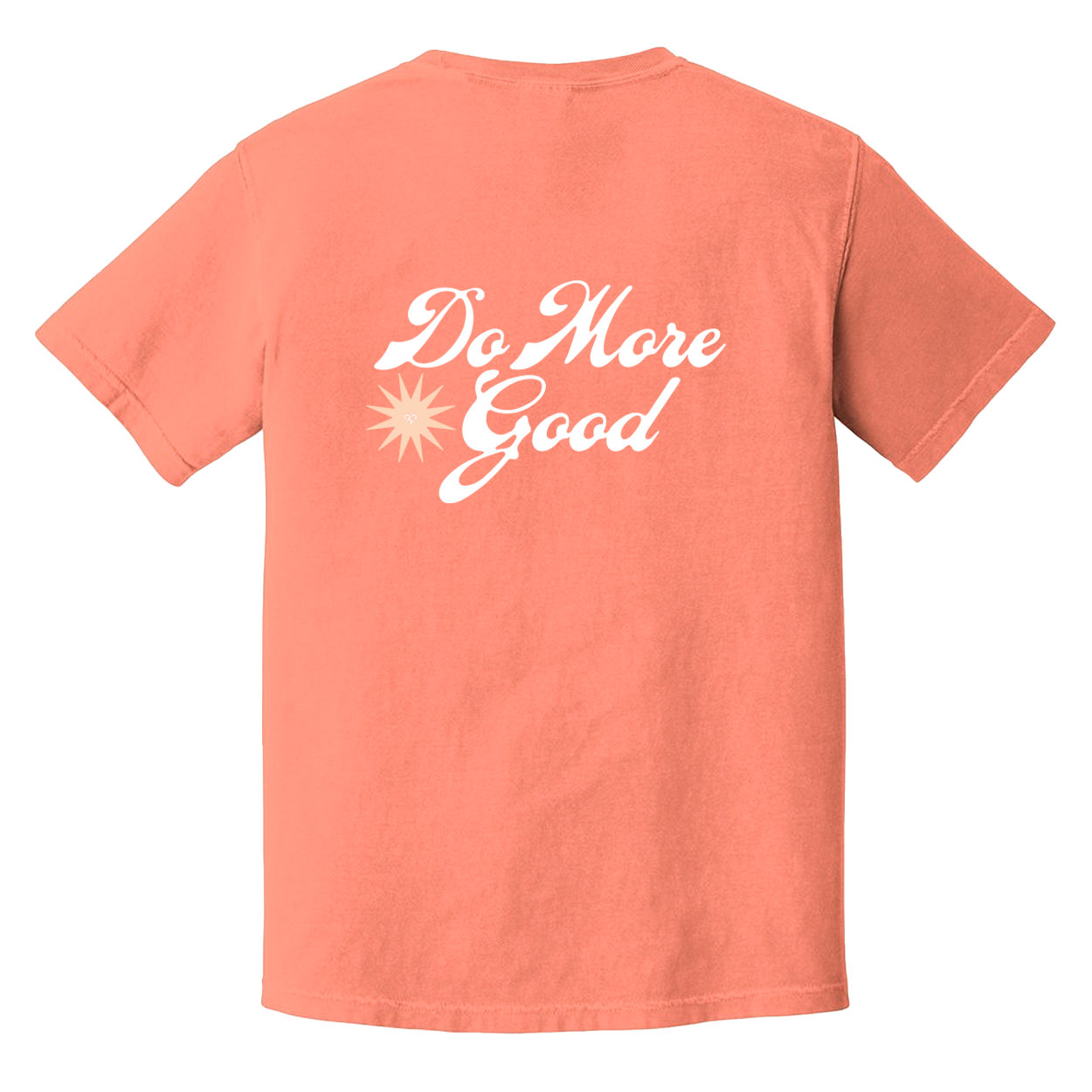 Do More Good Retro Tee, back of coral tee with large white Do More Good script and a peach starburst
