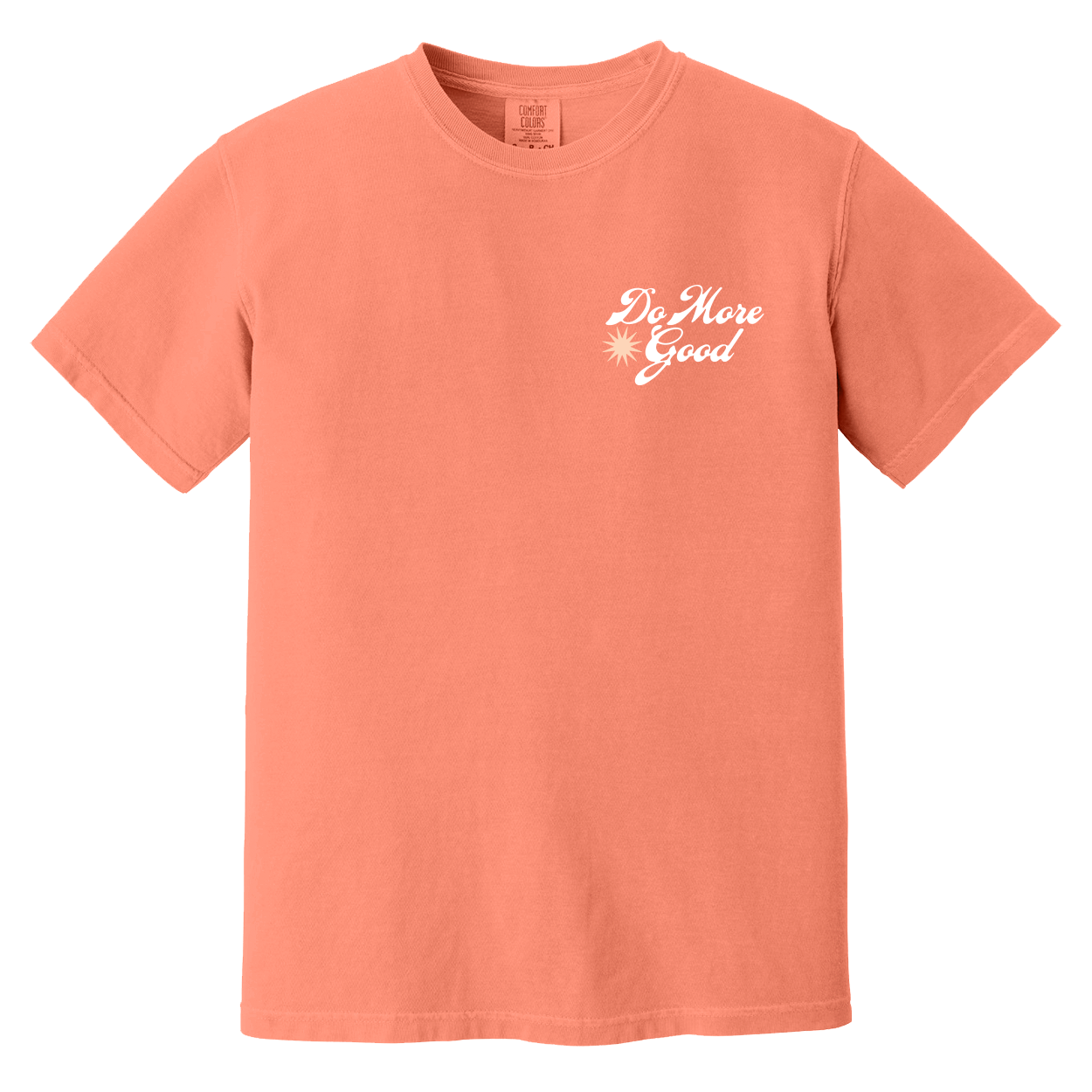 Do More Good Retro Tee, coral tee with small white Do More Good script and starburst on the left chest, front view