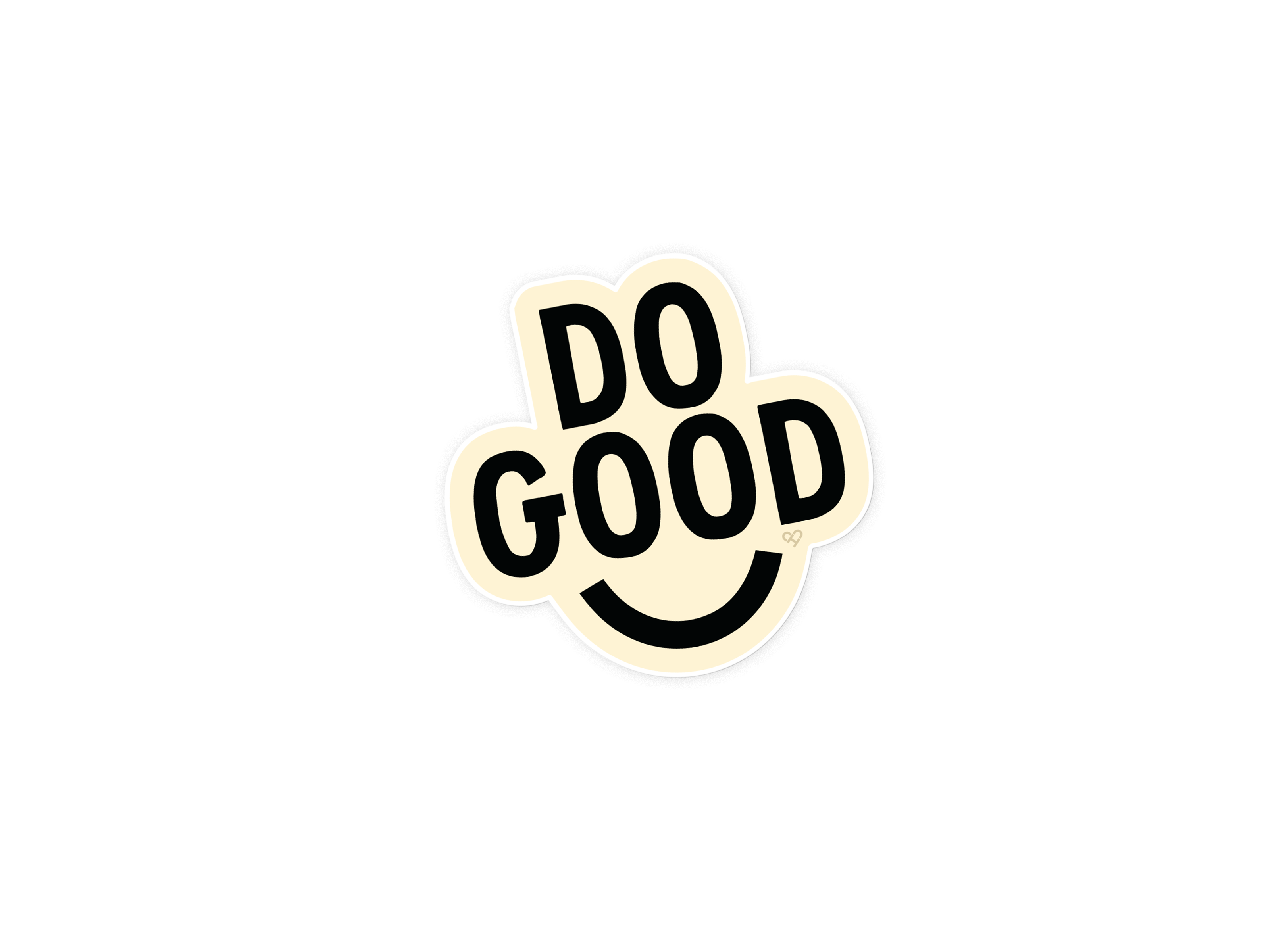 Do Good Smile Sticker, cream die cut sticker with bold black Do Good text above a smiley face curve