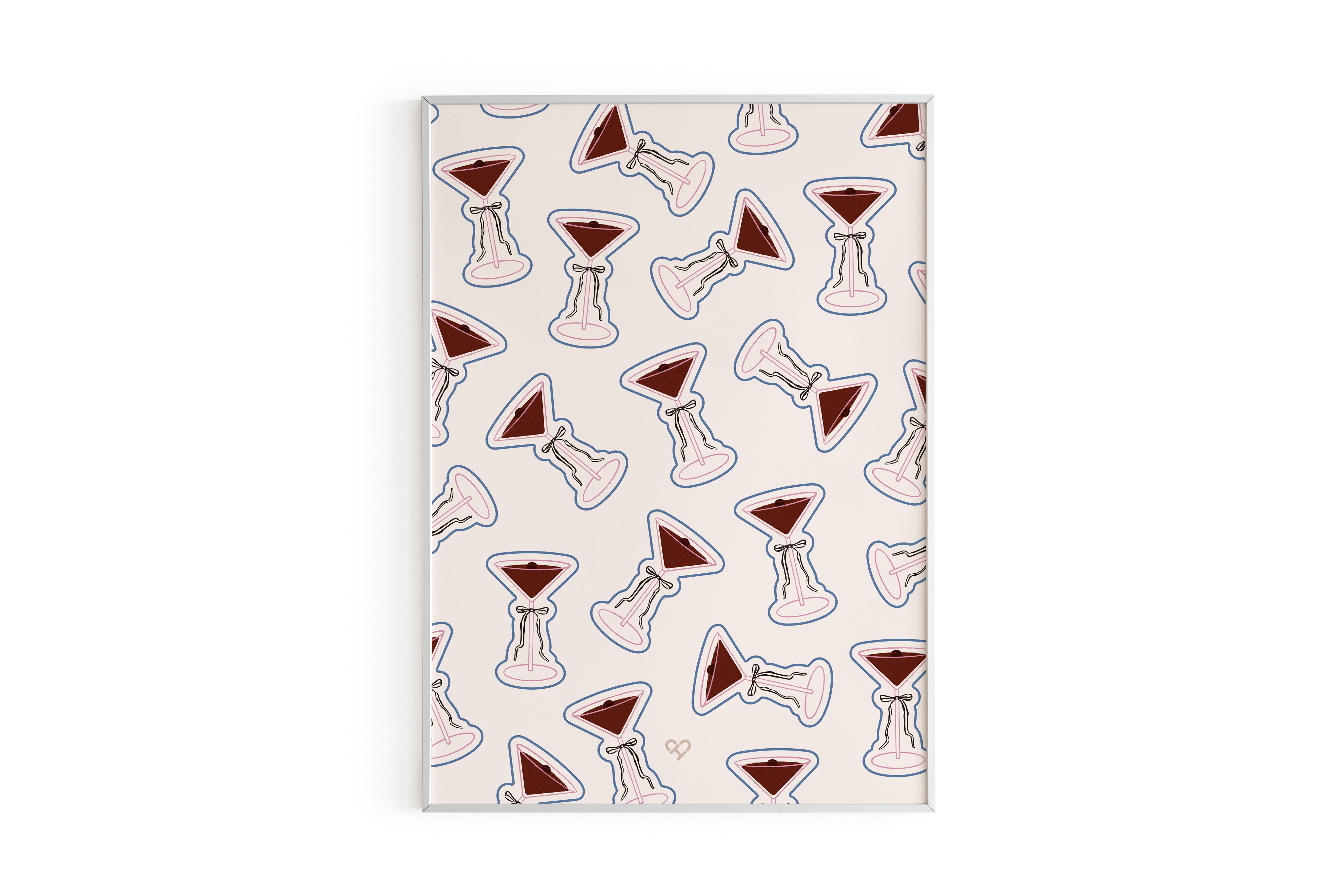 Espresso Martini Pattern Print, framed cream print with a tossed pattern of espresso martini glasses