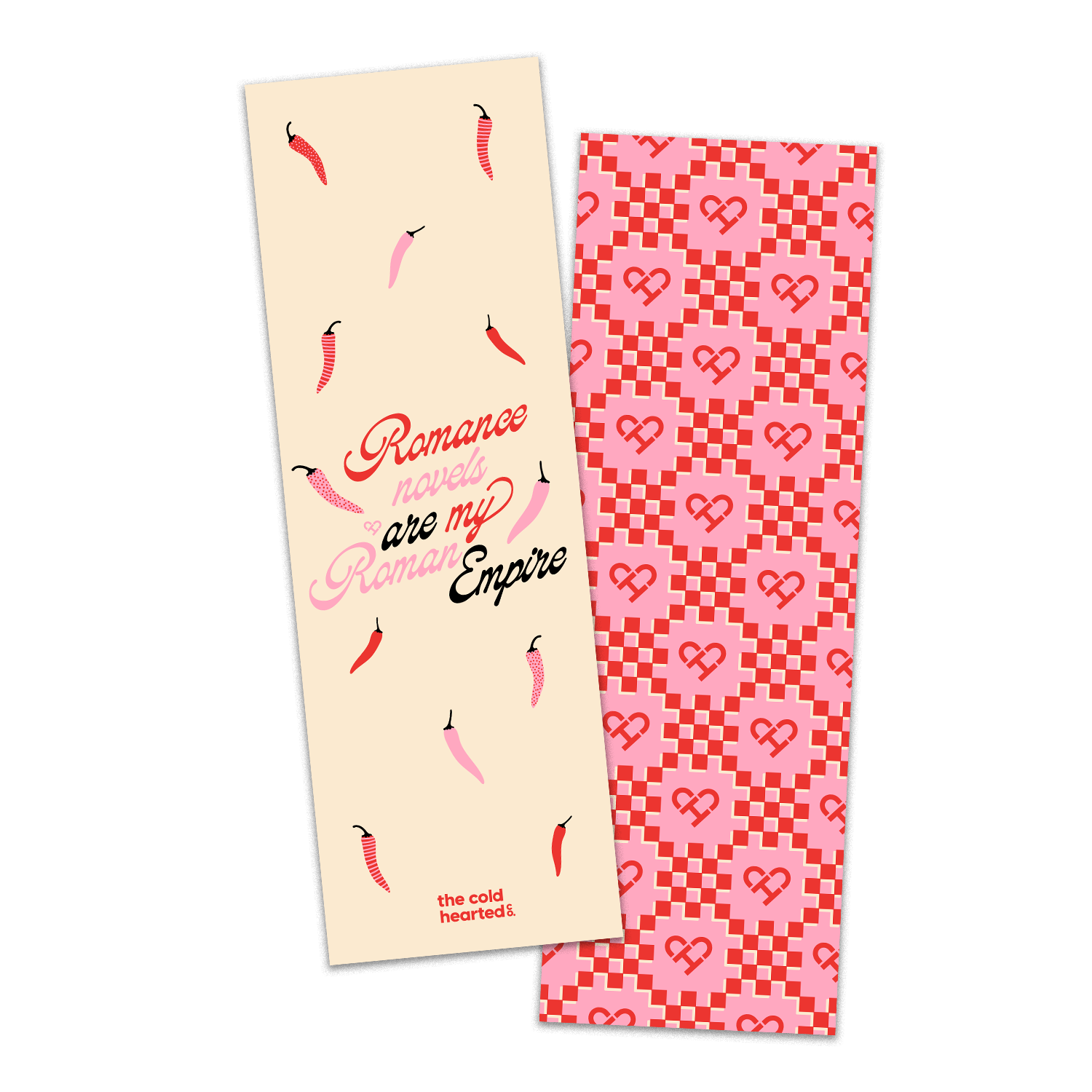 Bookmark Set, cream Roman Empire chili pepper bookmark beside a red and pink checkered heart pattern back