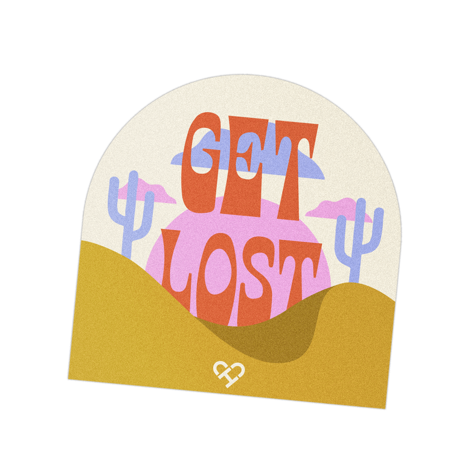 Get Lost Sticker, arch shape with orange lettering over a pink sun, cacti and mustard desert hills