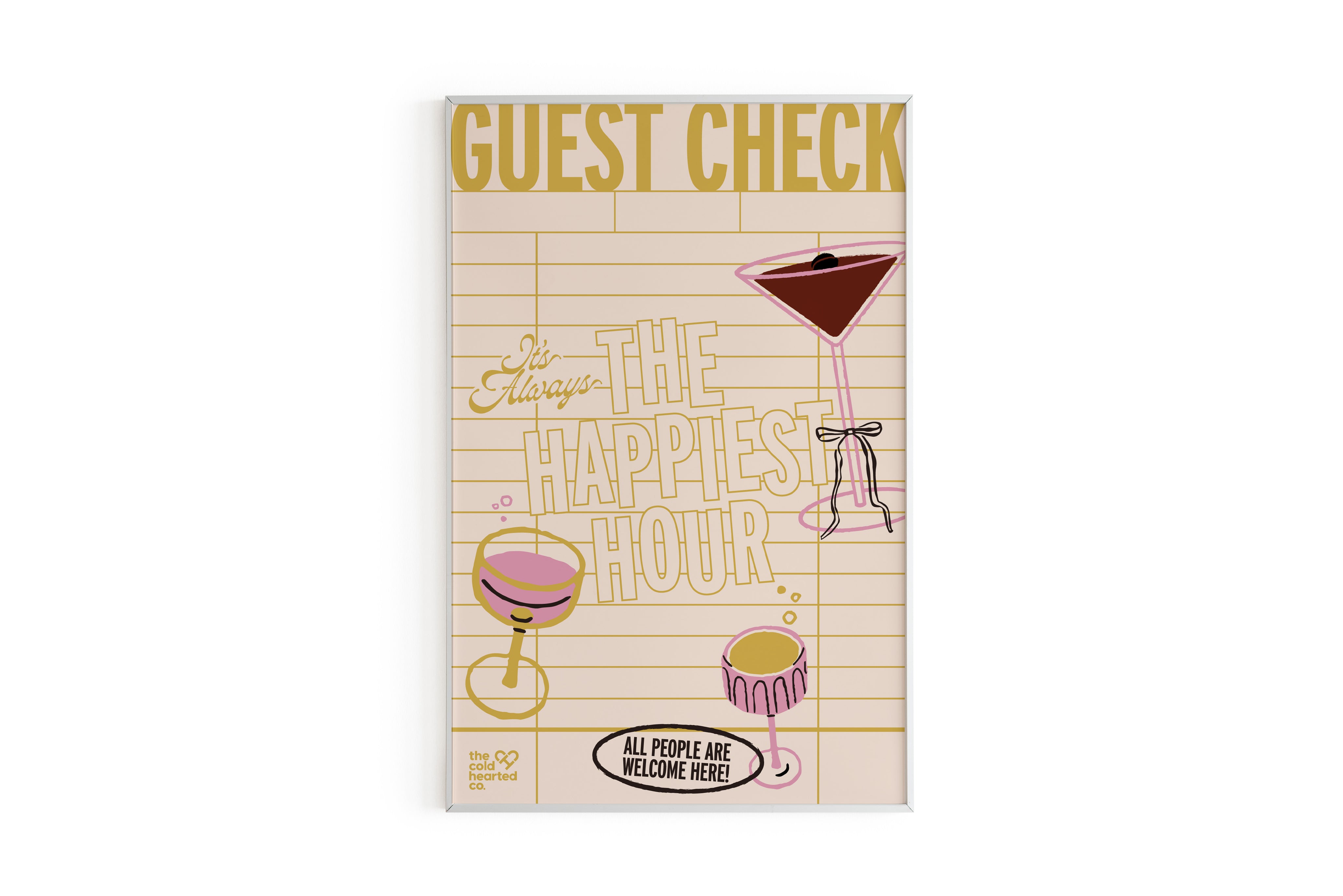 Guest Check Happy Hour Print, gold guest check design reading It's Always The Happiest Hour with cocktail glasses