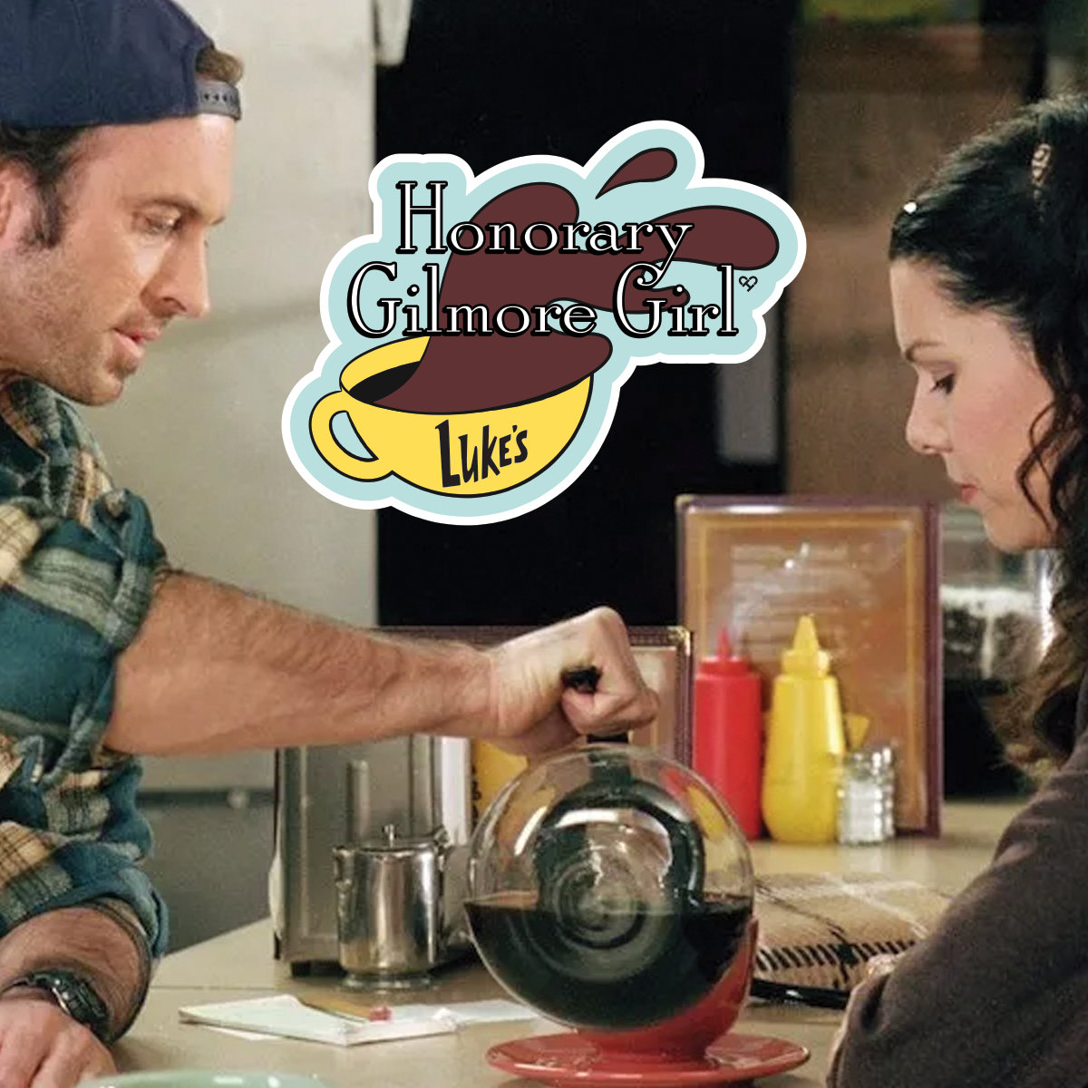 Honorary Gilmore Girl Sticker mockup, Luke's coffee cup sticker over a diner still of a man pouring coffee