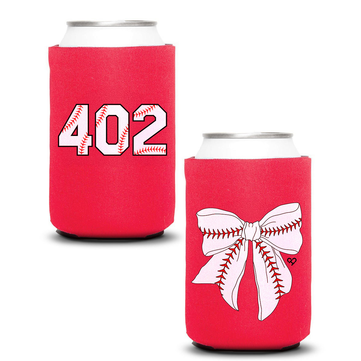 Baseball Koozie Bundle, two red can koozies side by side, one with white 402 numbers and one with a baseball bow
