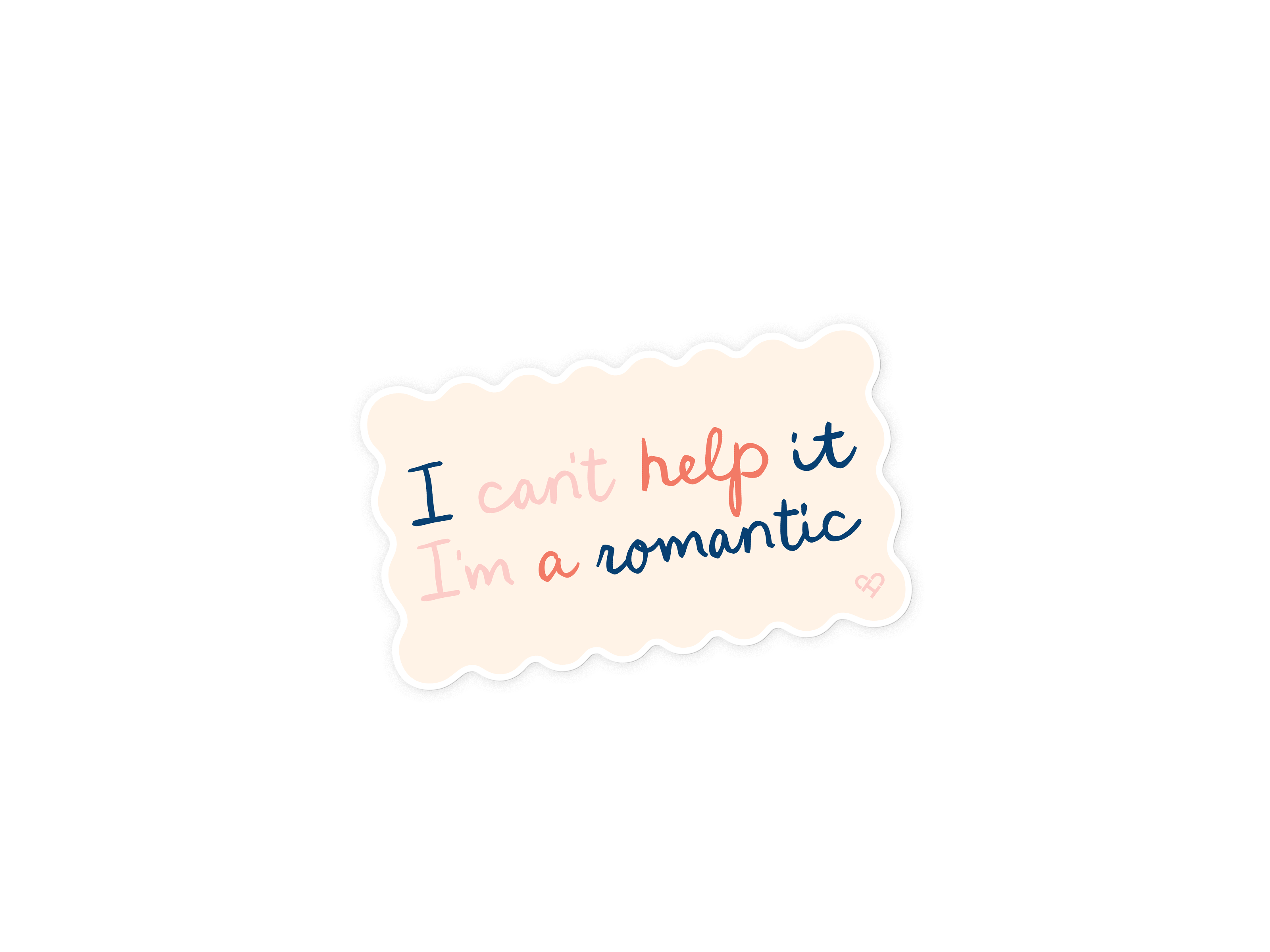I'm A Romantic Sticker, scalloped peach sticker reading I can't help it I'm a romantic in navy and pink script