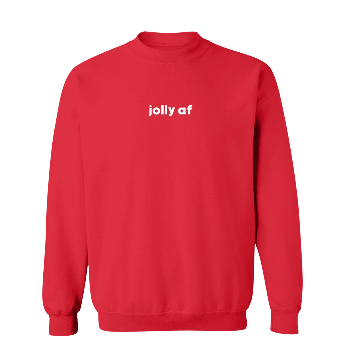 Jolly AF Crewneck, red crewneck sweatshirt with small white jolly af text across the chest on a white background