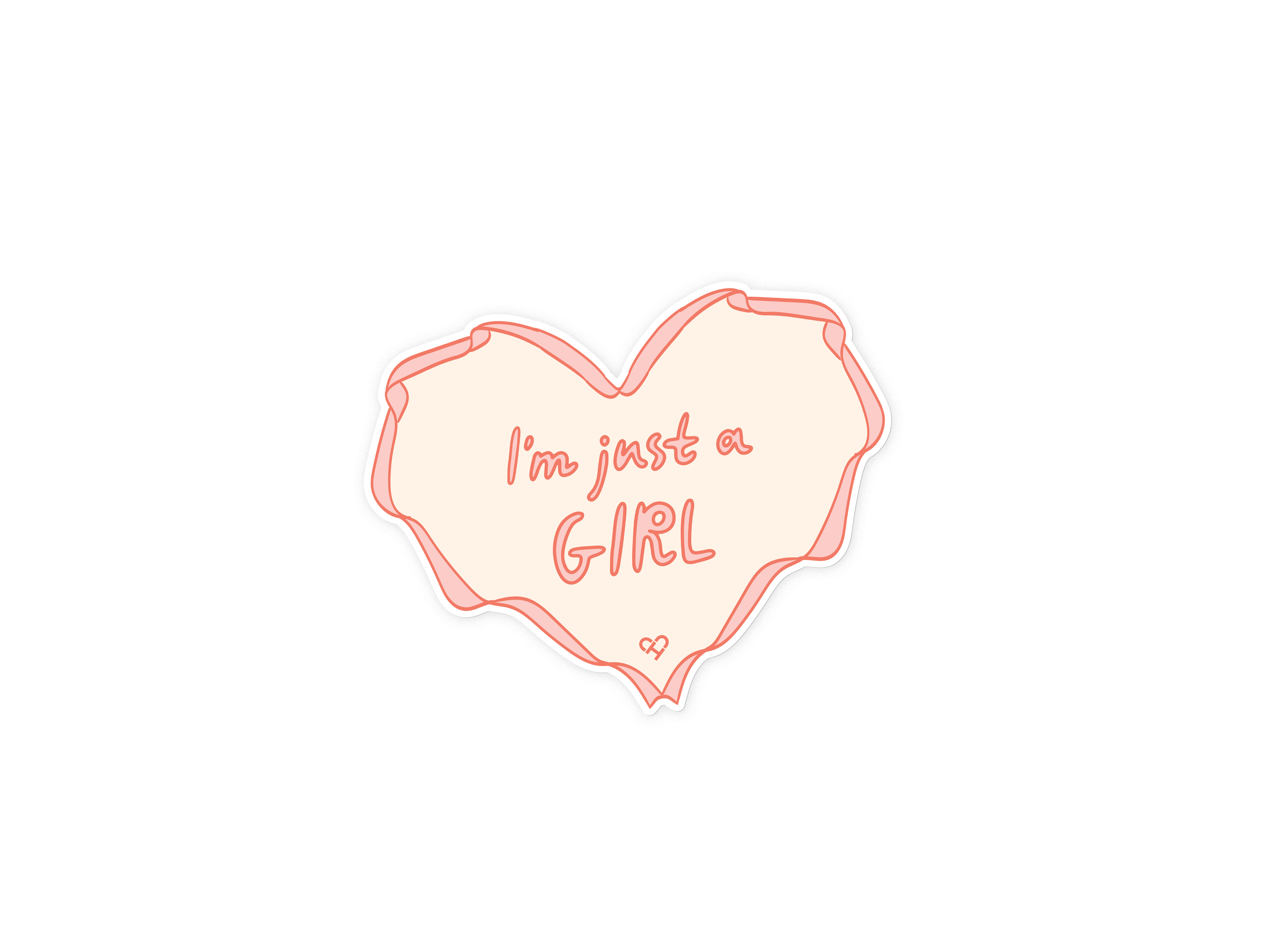 I'm Just A Girl Sticker, heart shaped sticker with pink ruffled edges reading I'm just a girl in coral lettering