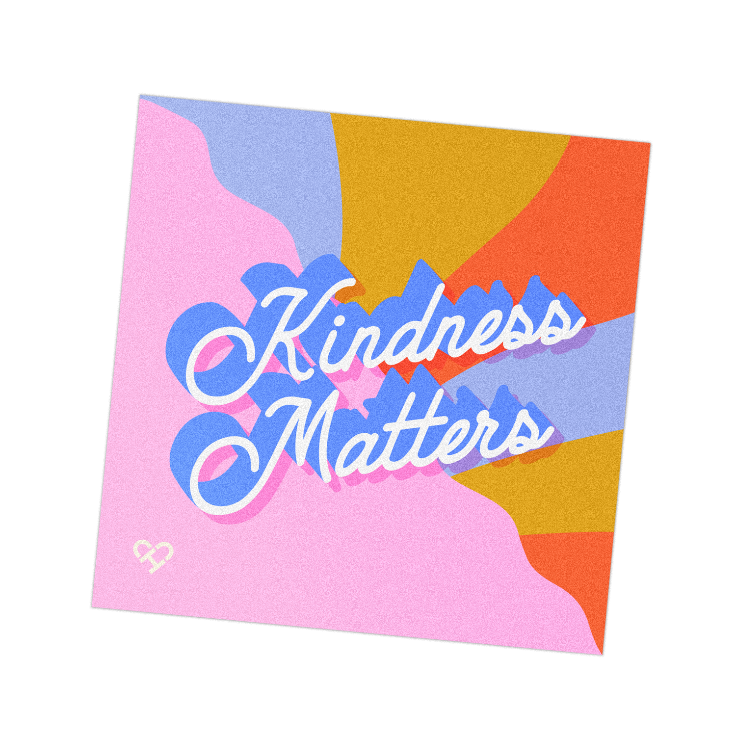 Kindness Matters Sticker, white and blue script over pink, lavender, gold and orange color waves