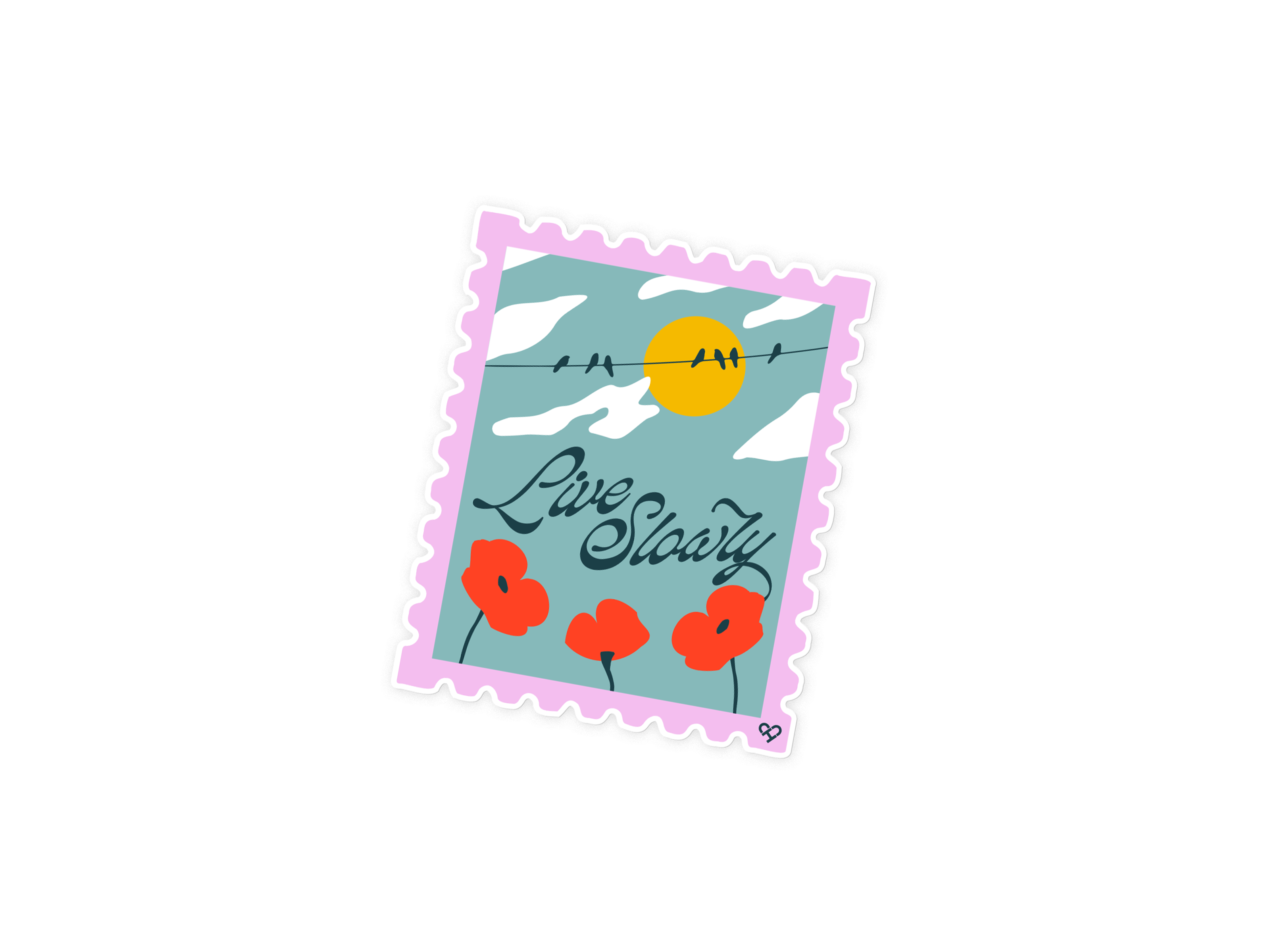 Live Slowly Sticker, pink postage stamp design with birds on a wire, yellow sun, red poppies and script Live Slowly