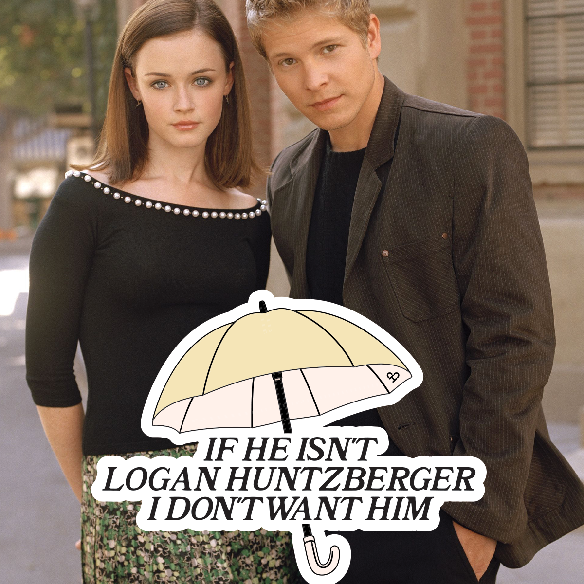 Logan Huntzberger Sticker mockup, yellow umbrella quote sticker over a still of a young couple in dark outfits
