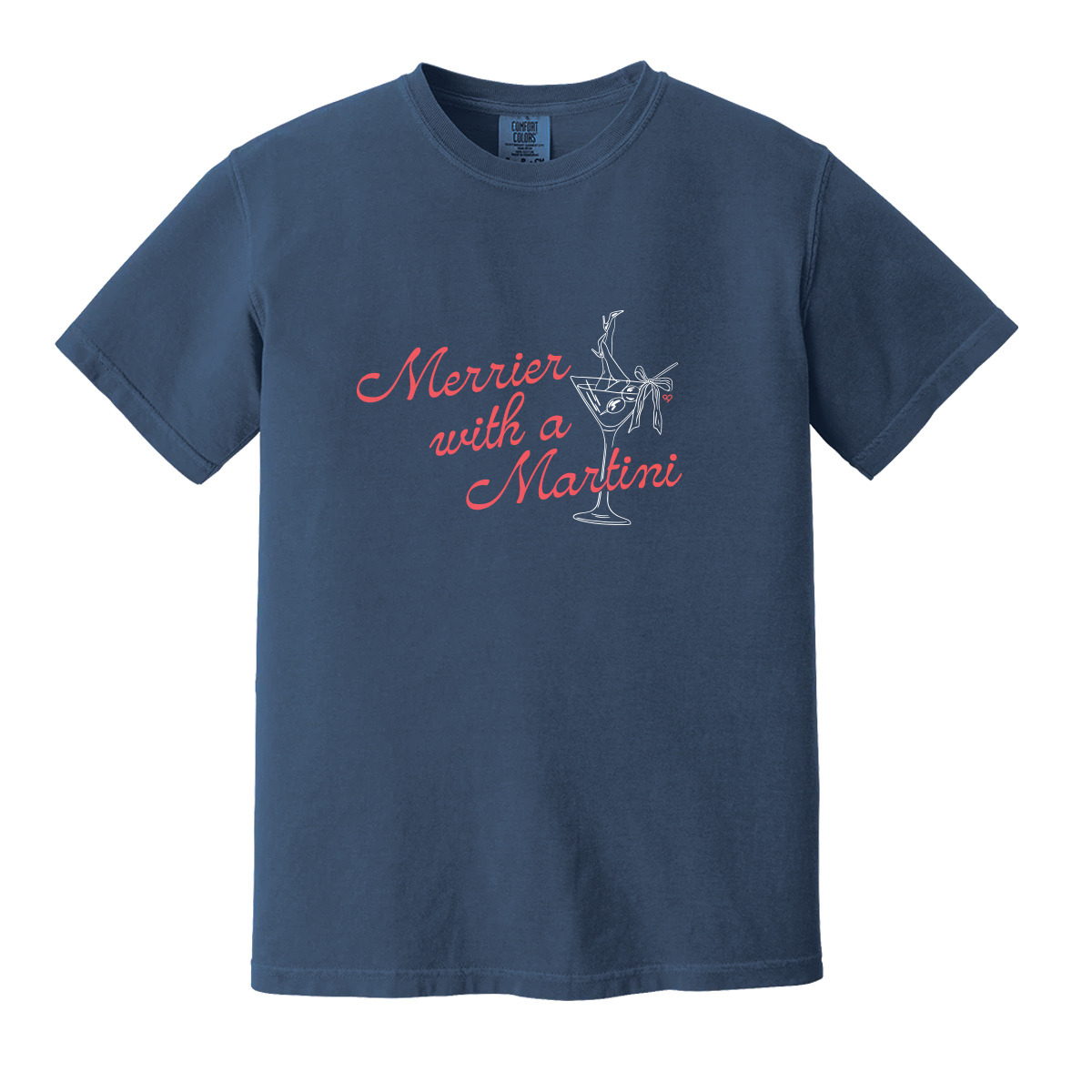 Merrier With a Martini Tee, blue short sleeve shirt with red script text and a martini glass graphic, flat product shot