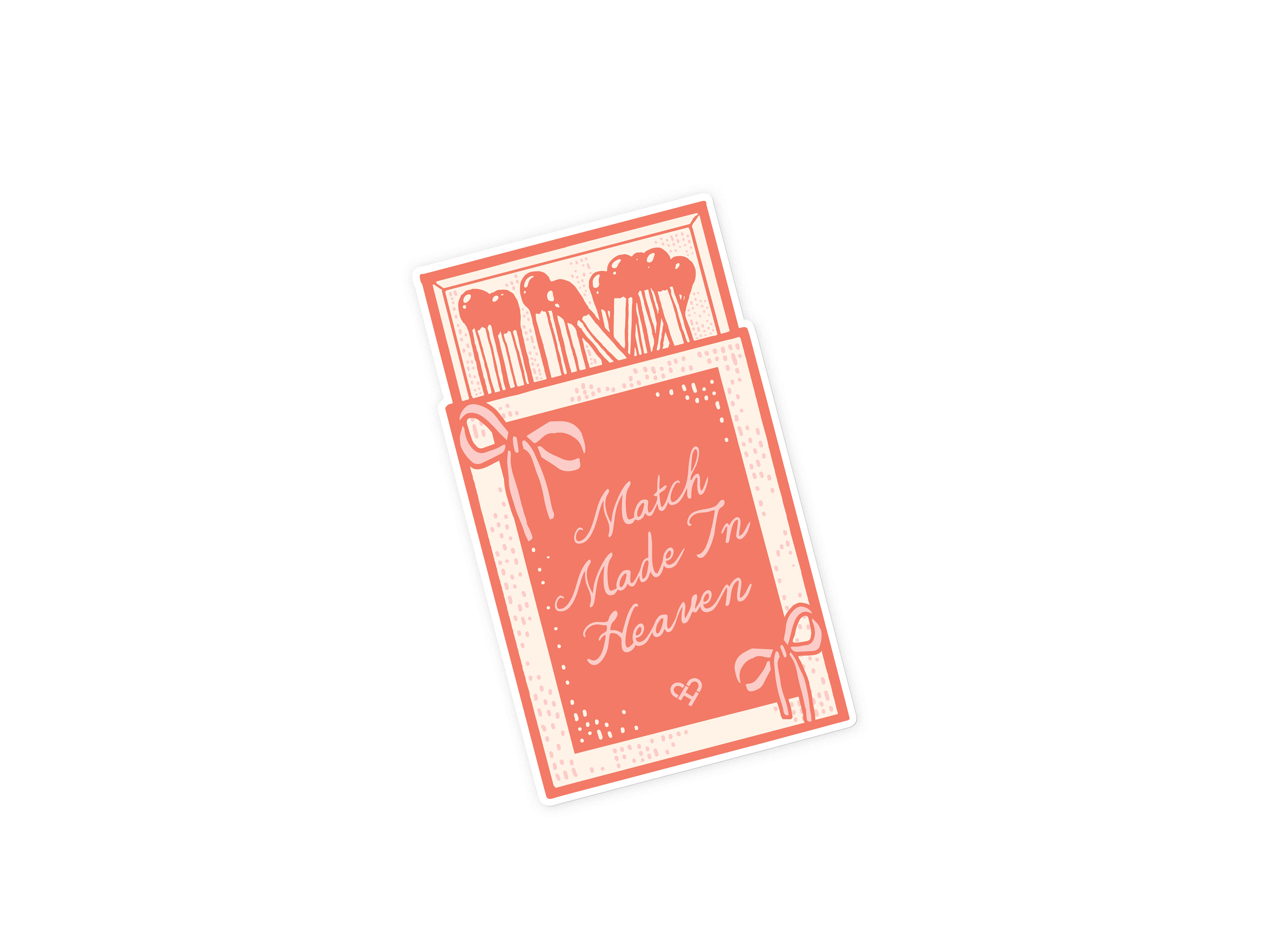 Match Made In Heaven Sticker, coral matchbox sticker with heart tipped matches, bows and Match Made In Heaven script