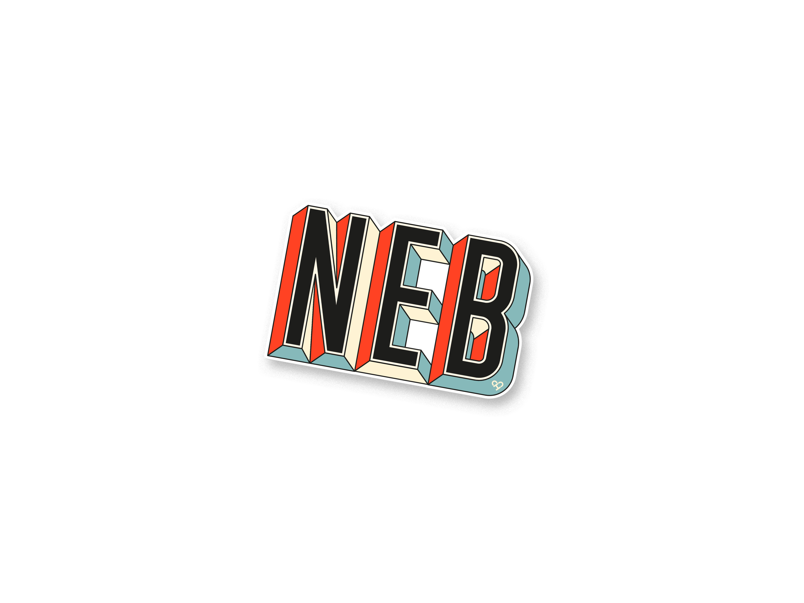 NEB Sticker, bold black NEB letters with red, cream and teal 3D block shadows on a white die cut sticker