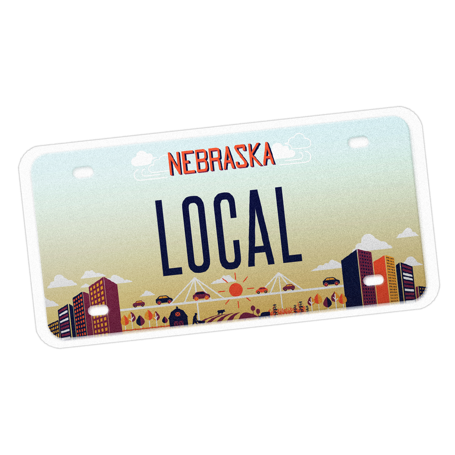 NE License Plate Sticker, Nebraska plate design reading LOCAL with a colorful skyline illustration