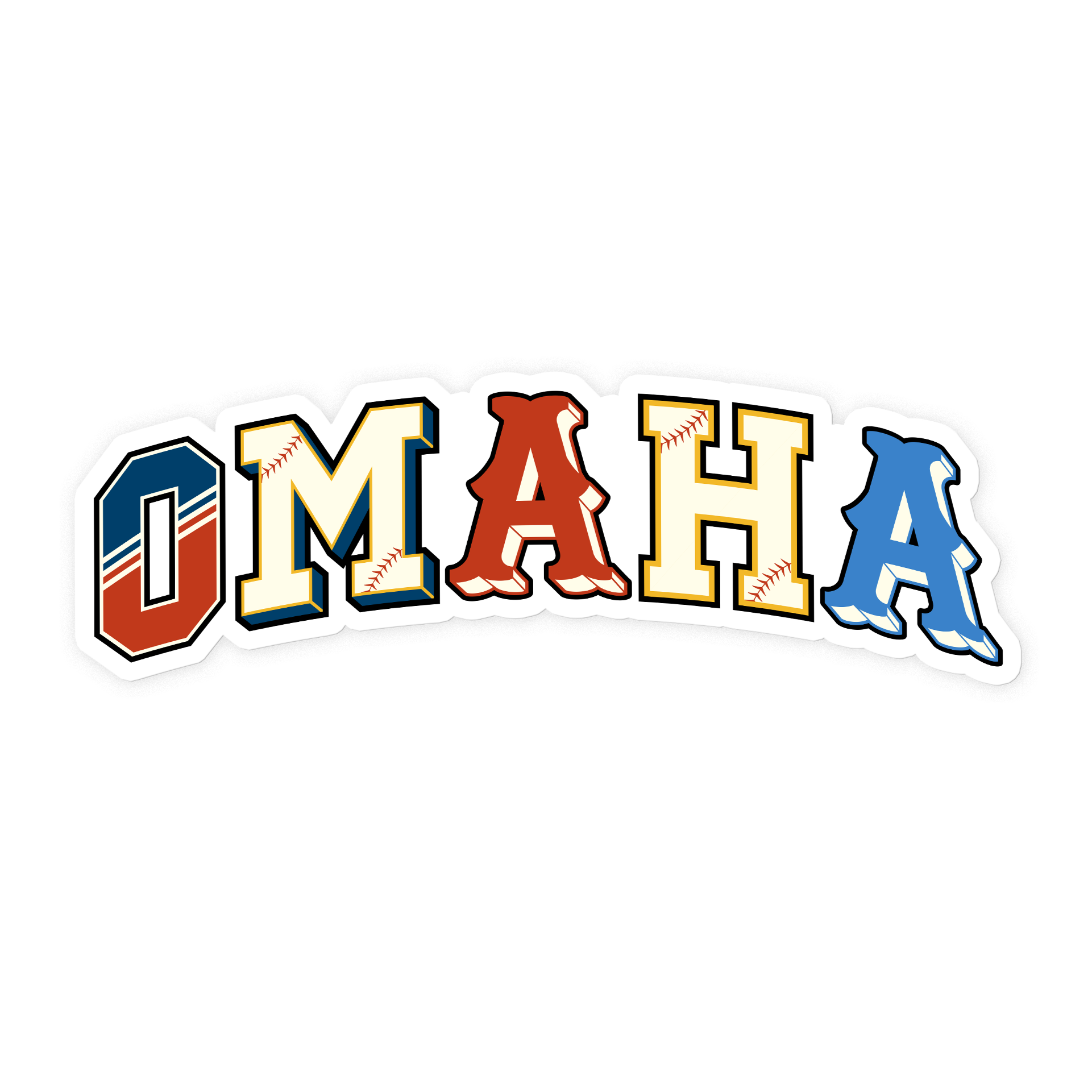 Omaha Baseball Sticker, die cut sticker with arched OMAHA letters in navy, cream, red, gold and blue team styles