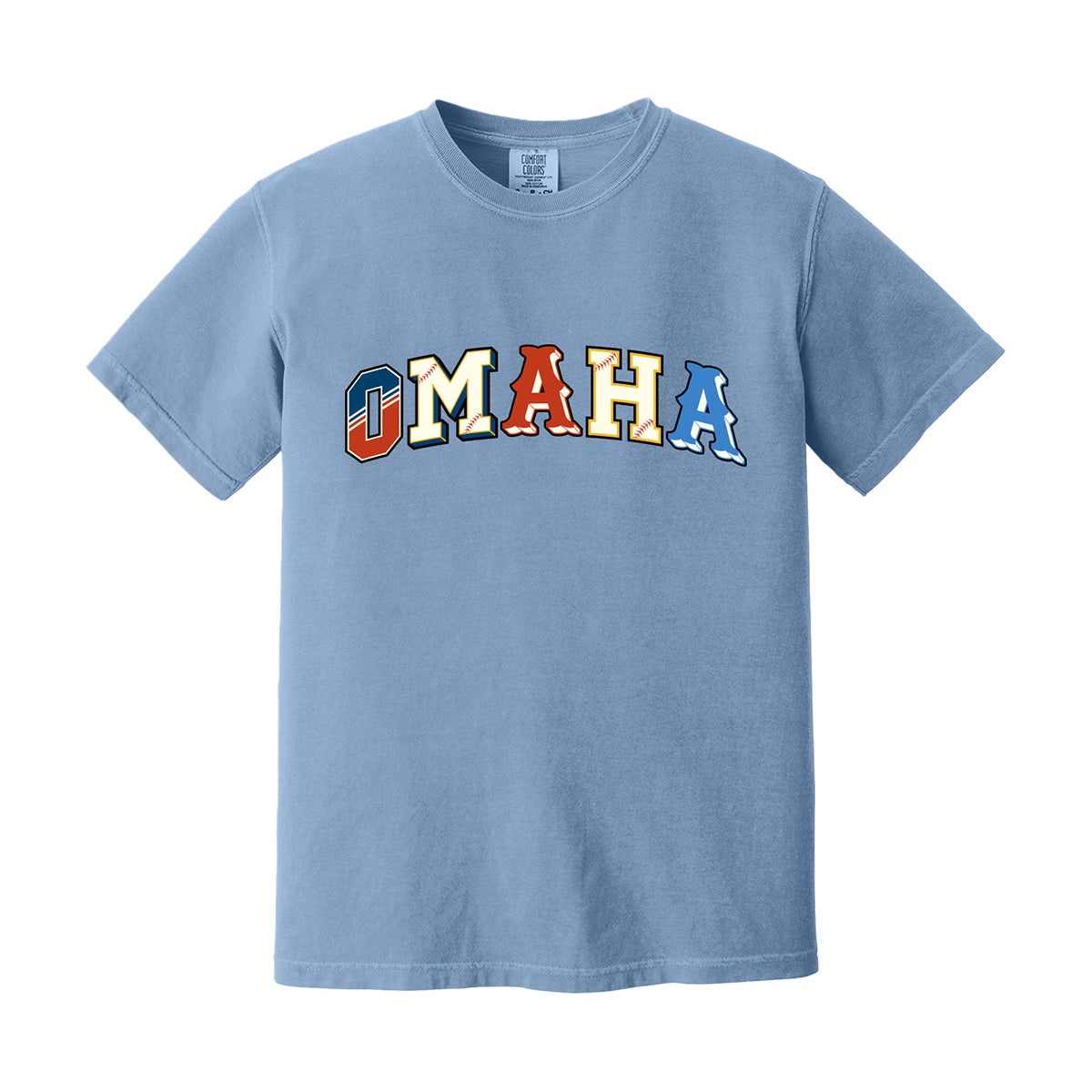 Omaha Baseball Tee, light blue tee with arched OMAHA letters in multicolor college baseball team styles
