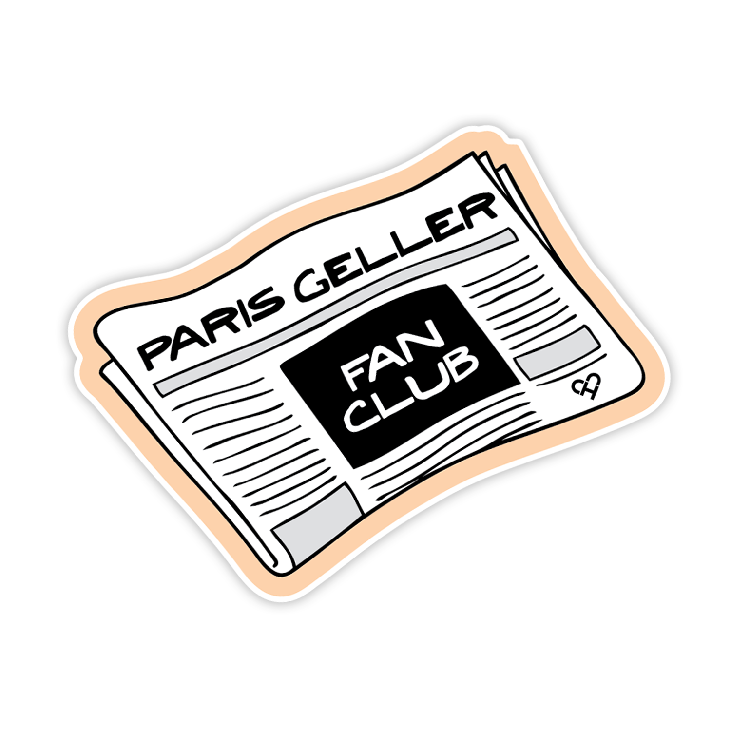 Paris Geller Fan Club Sticker, black and white newspaper illustration with Paris Geller headline and Fan Club box