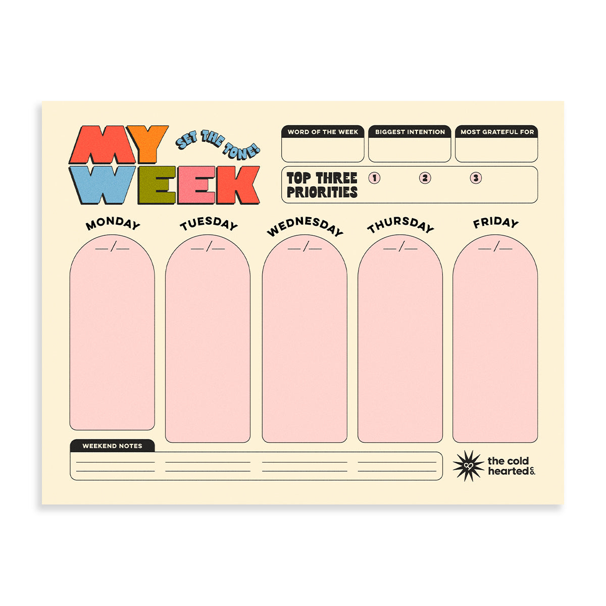 Set The Tone Weekly Planner Pad, cream My Week sheet with pink Monday to Friday columns and top three priorities