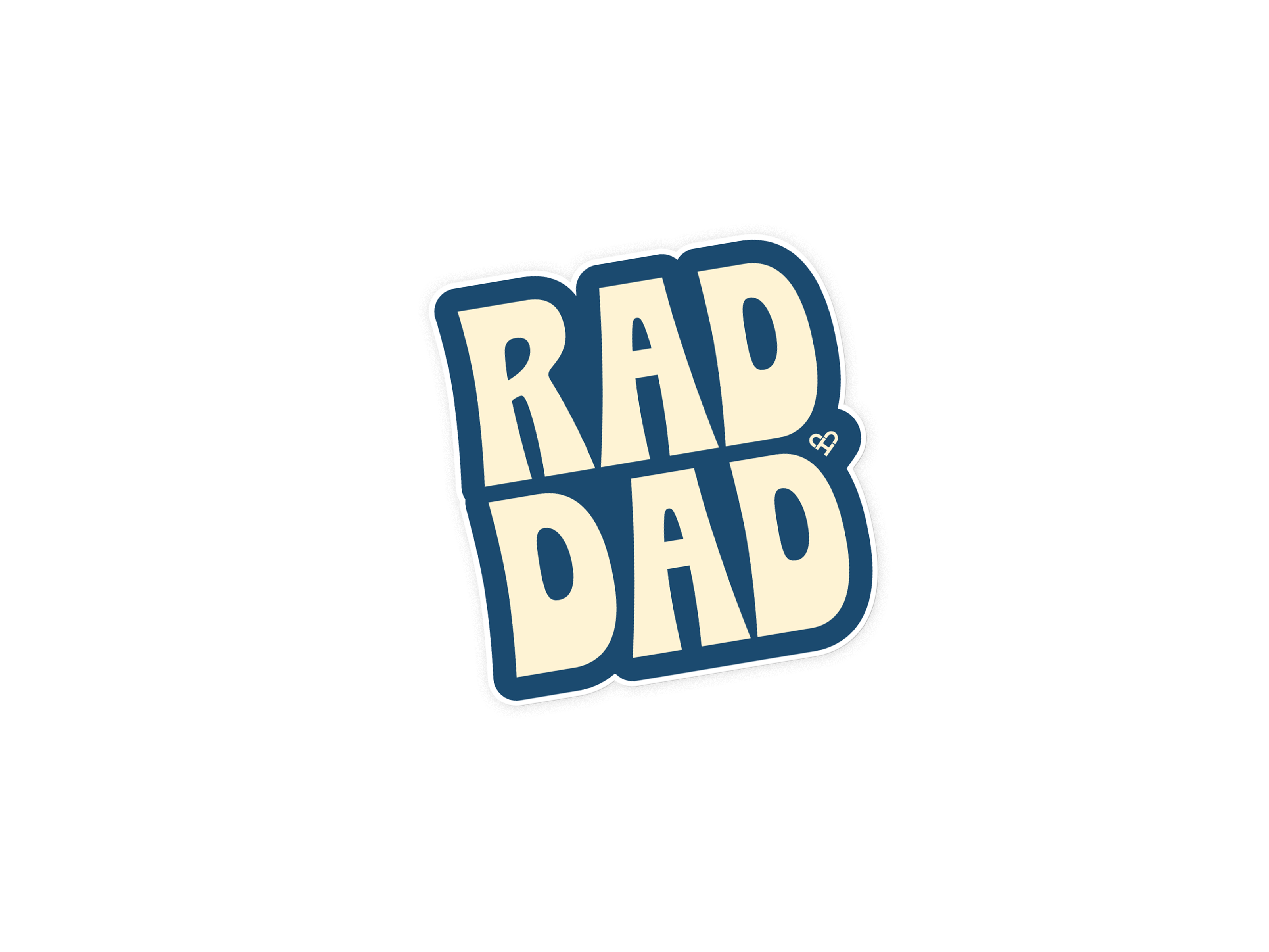 Rad Dad Sticker, die cut sticker with cream Rad Dad lettering outlined in navy blue on a white background