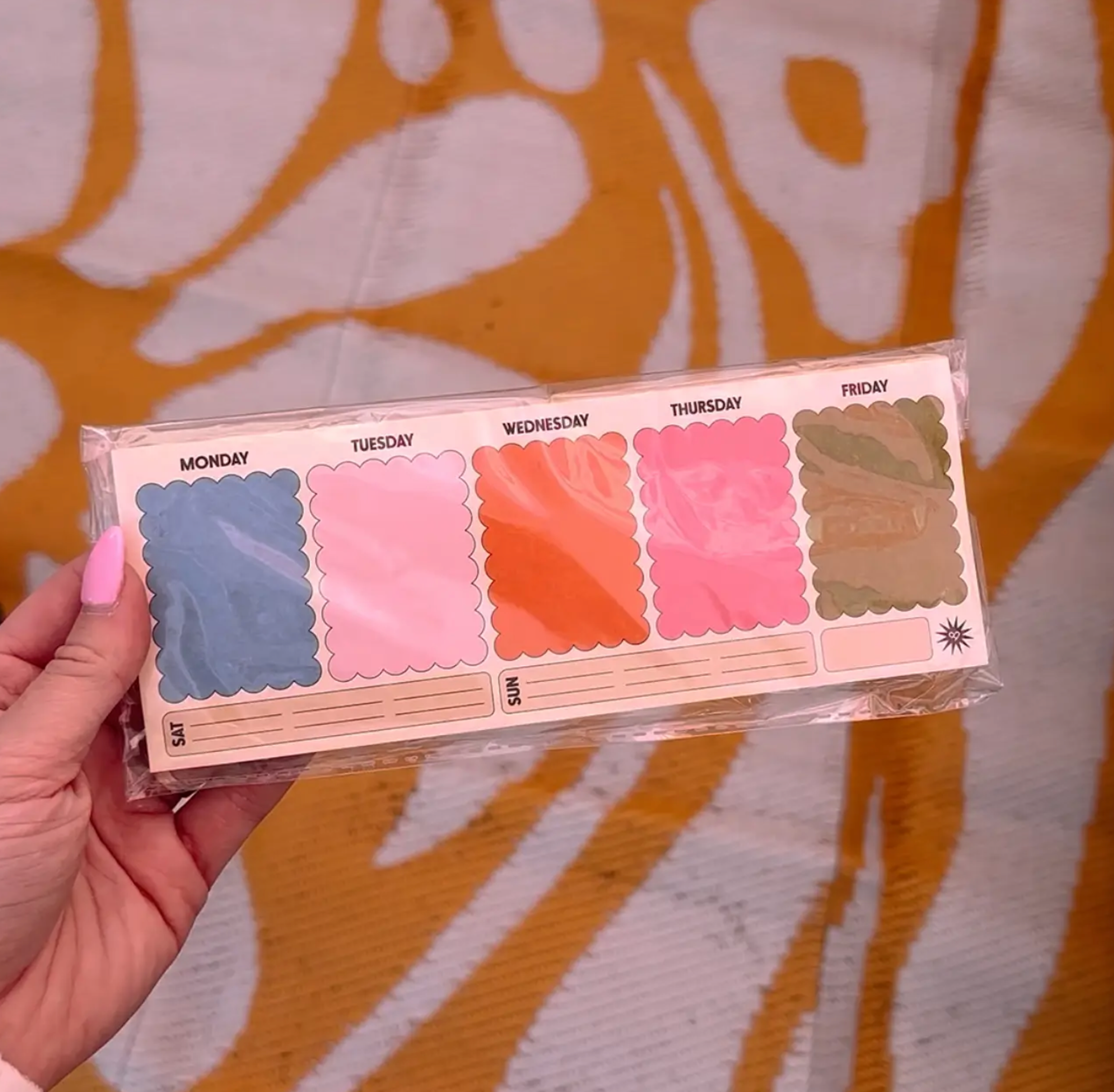 Weekly Pocket Planner in plastic sleeve, colorful scalloped weekday boxes, held in hand over a yellow patterned rug