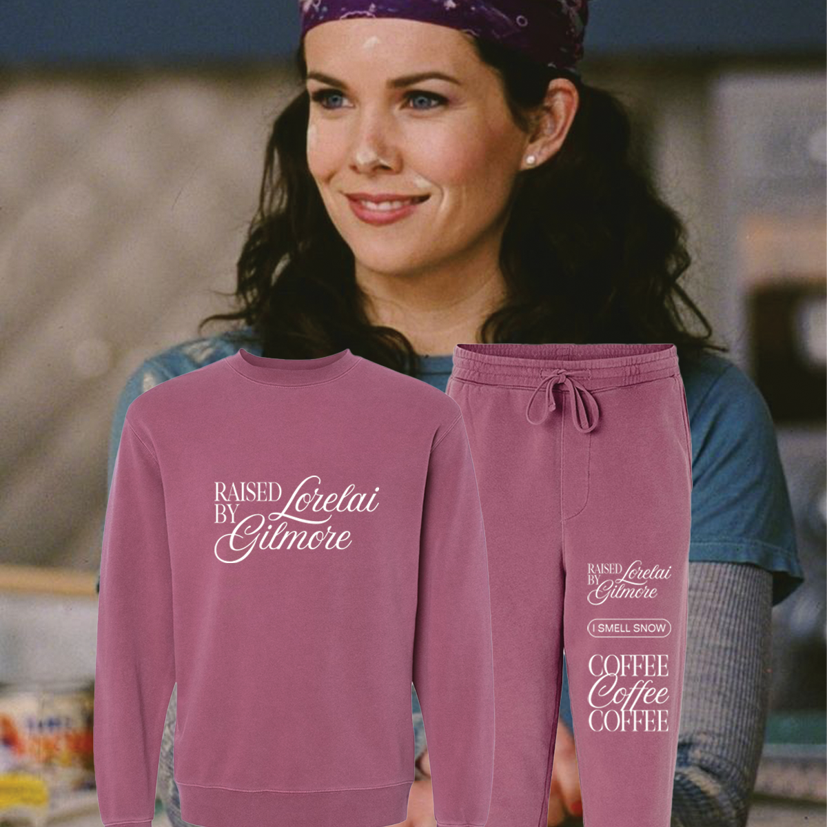 Gilmore Girls Sweatpants and matching berry crewneck mockup set over a still of a woman in a purple bandana