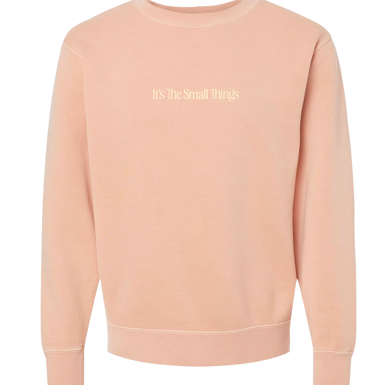 Appreciate Small Things Crew, front of peach crewneck sweatshirt with small cream It's The Small Things text