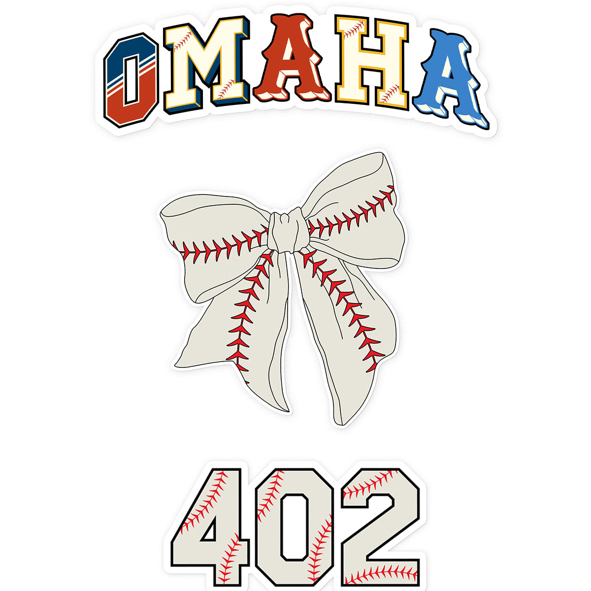 Baseball Sticker Bundle, three stickers stacked: multicolor OMAHA lettering, a baseball bow and 402 numbers