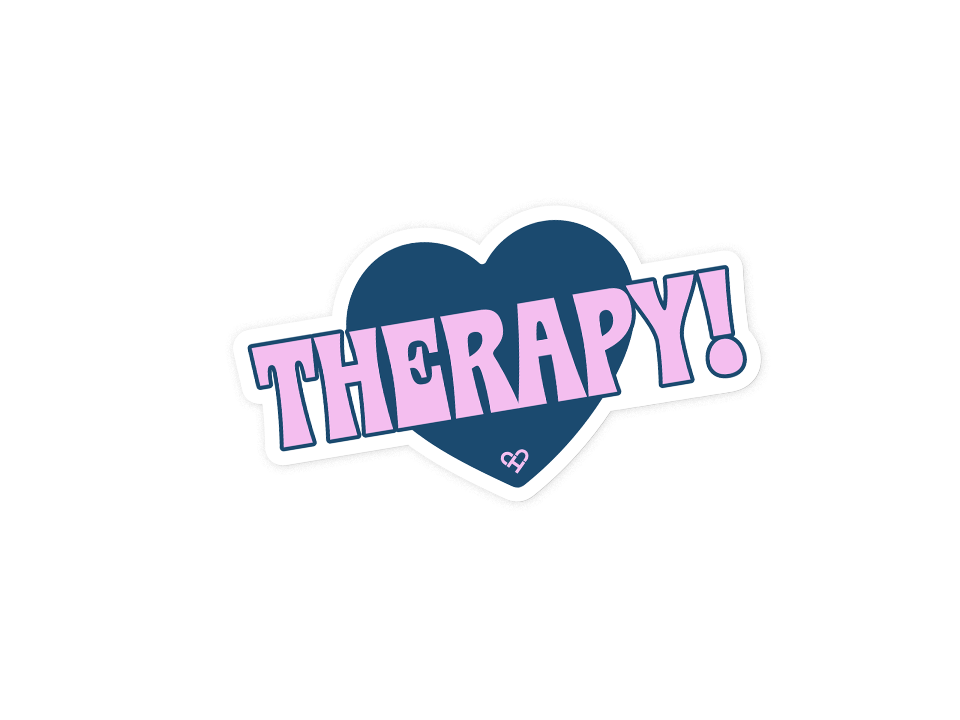 Therapy Heart Sticker, navy blue heart with bold pink Therapy! lettering across the front