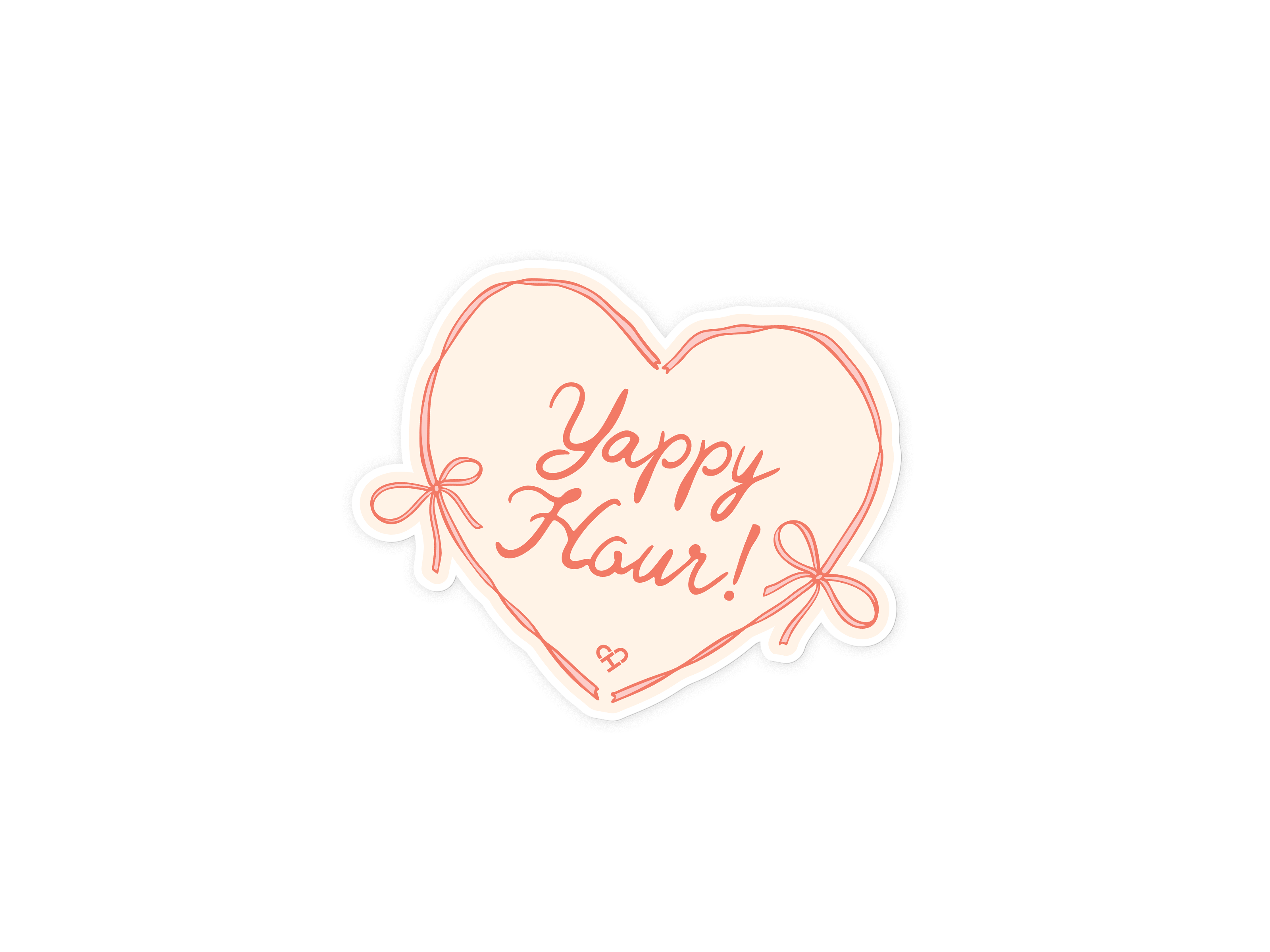 Yappy Hour Sticker, cream heart shaped sticker with coral outline, bows and Yappy Hour script lettering