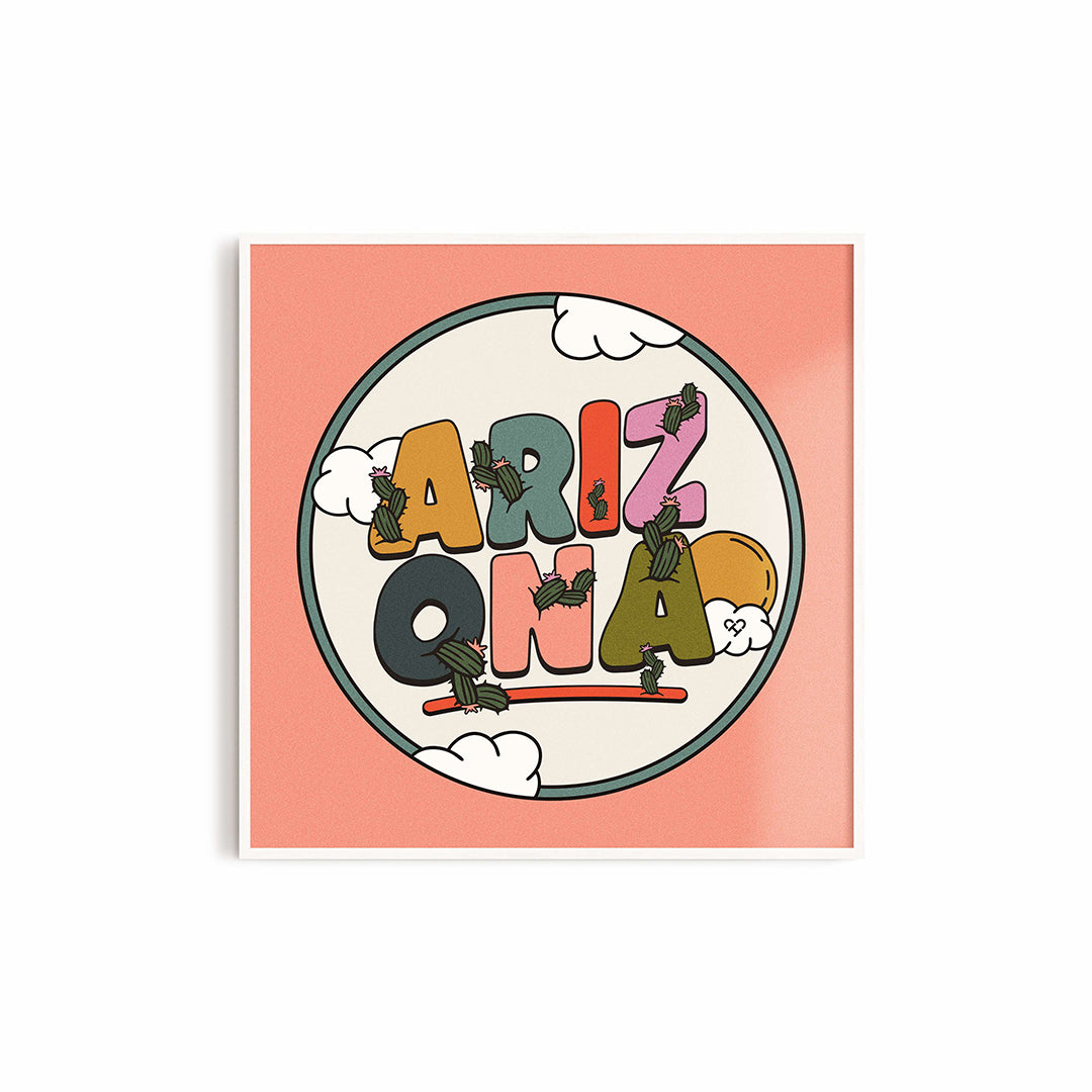 Arizona Print, framed square print of colorful bubble letters spelling Arizona with cacti and clouds on coral pink
