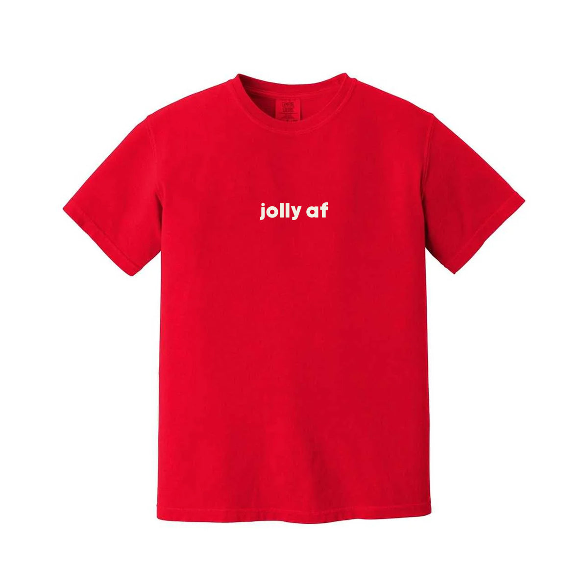 Jolly AF Tee in bright red with small white jolly af text on the chest, flat product mockup