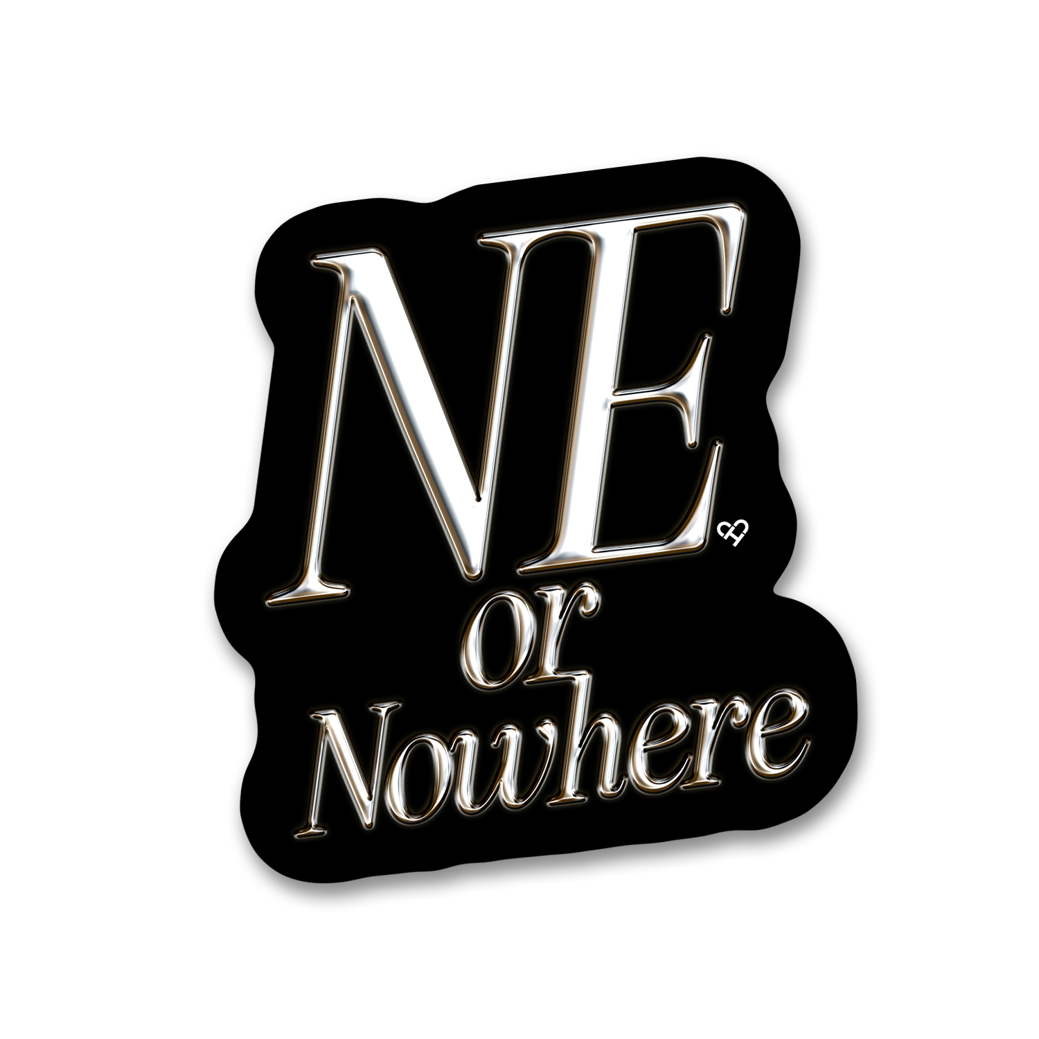 NE or Nowhere Chrome Sticker, black die cut sticker with silver chrome style NE or Nowhere serif lettering