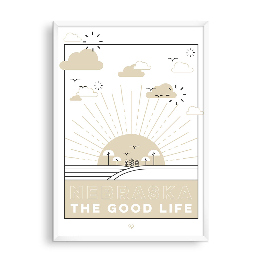 Large The Good Life Illustration Print, tan sunrise over fields with Nebraska The Good Life text, framed