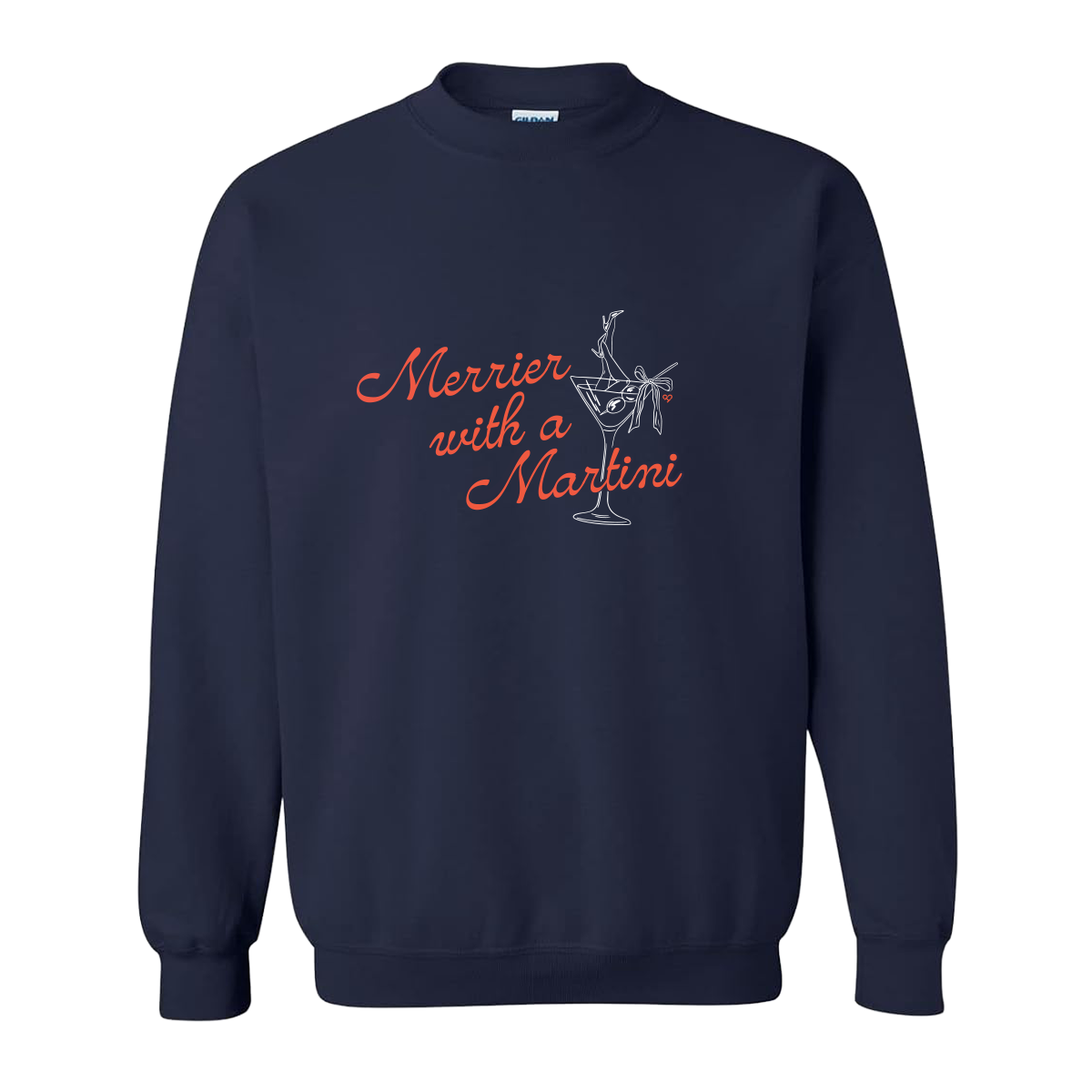 Merrier With a Martini Crewneck, navy sweatshirt with red script text and a martini glass graphic, flat product shot